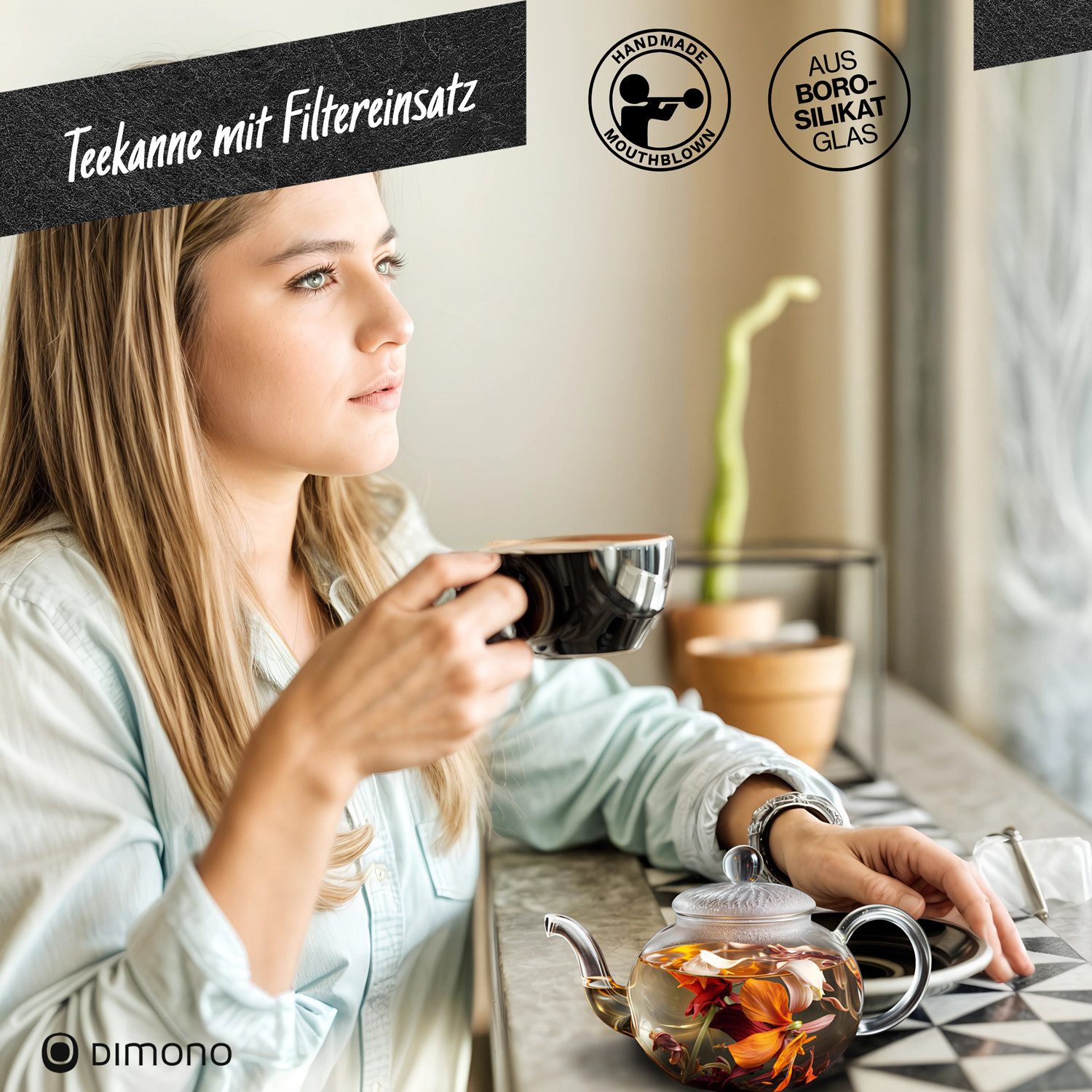 Dimono Teekanne DIMONO Mundgeblasene Teekanne mit Teefilter & Teesieb, 0.6 l, Glas-Kanne mit Filtereinsatz