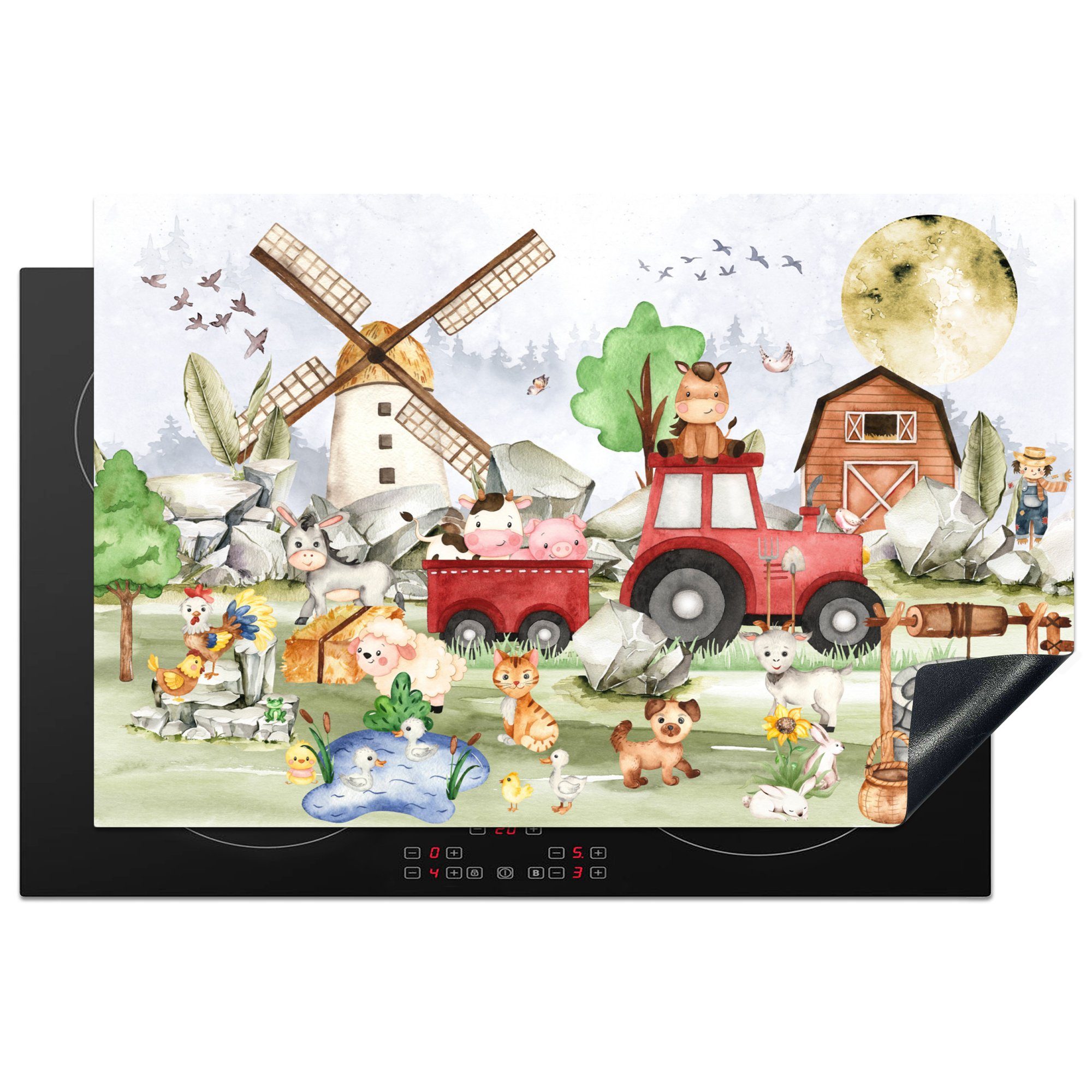 MuchoWow Herdblende-/Abdeckplatte Bauernhof - Traktor - Kinder - Tiere, Vinyl, (1 tlg), 81x52 cm, Induktionskochfeld Schutz für die küche, Ceranfeldabdeckung