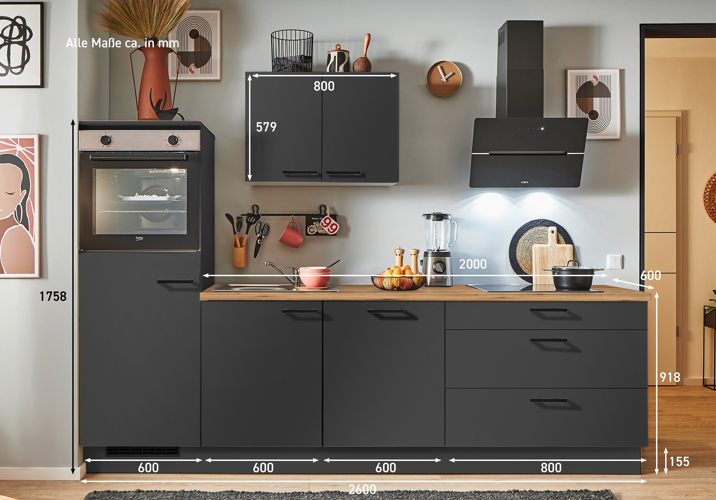 pino Küchenzeile Helsinki, individuell anpassbar, gratis Küchenplanung mit Profis, (Breite 260cm), vormontiert, wahlw. mit E-Geräten, Preis inkl. Lieferung & Montage