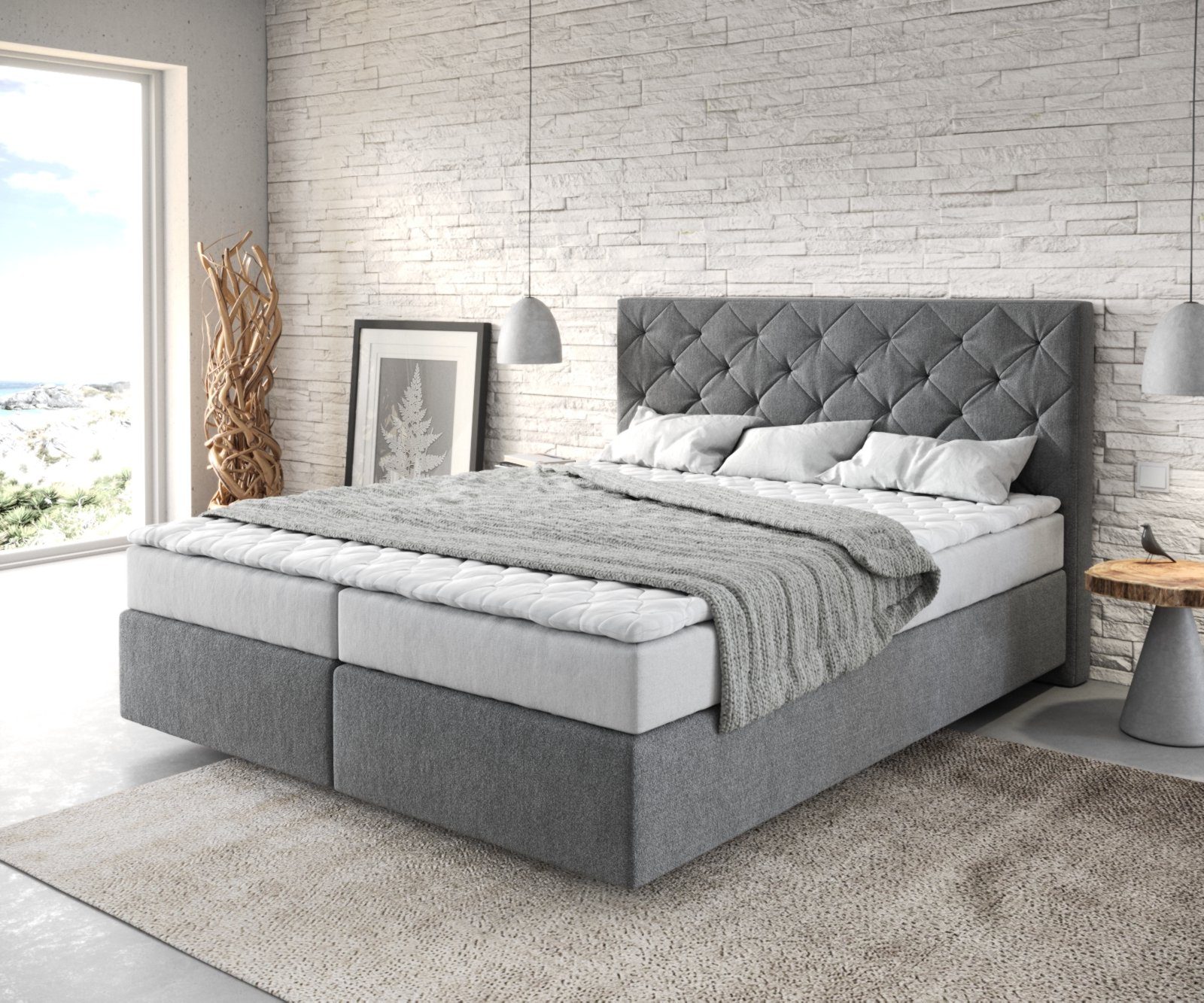 DELIFE Boxspringbett Dream-Great, Mikrofaser Anthrazit 160x200 cm mit Matratze und Topper