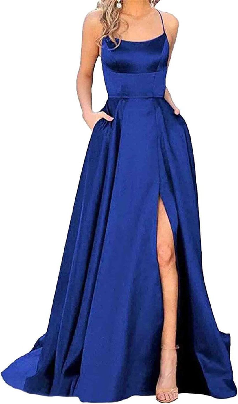 FIDDY Abendkleid Langes Ballkleid für Damen-A-Linie-rückenfreies Abendkleid mit Taschen