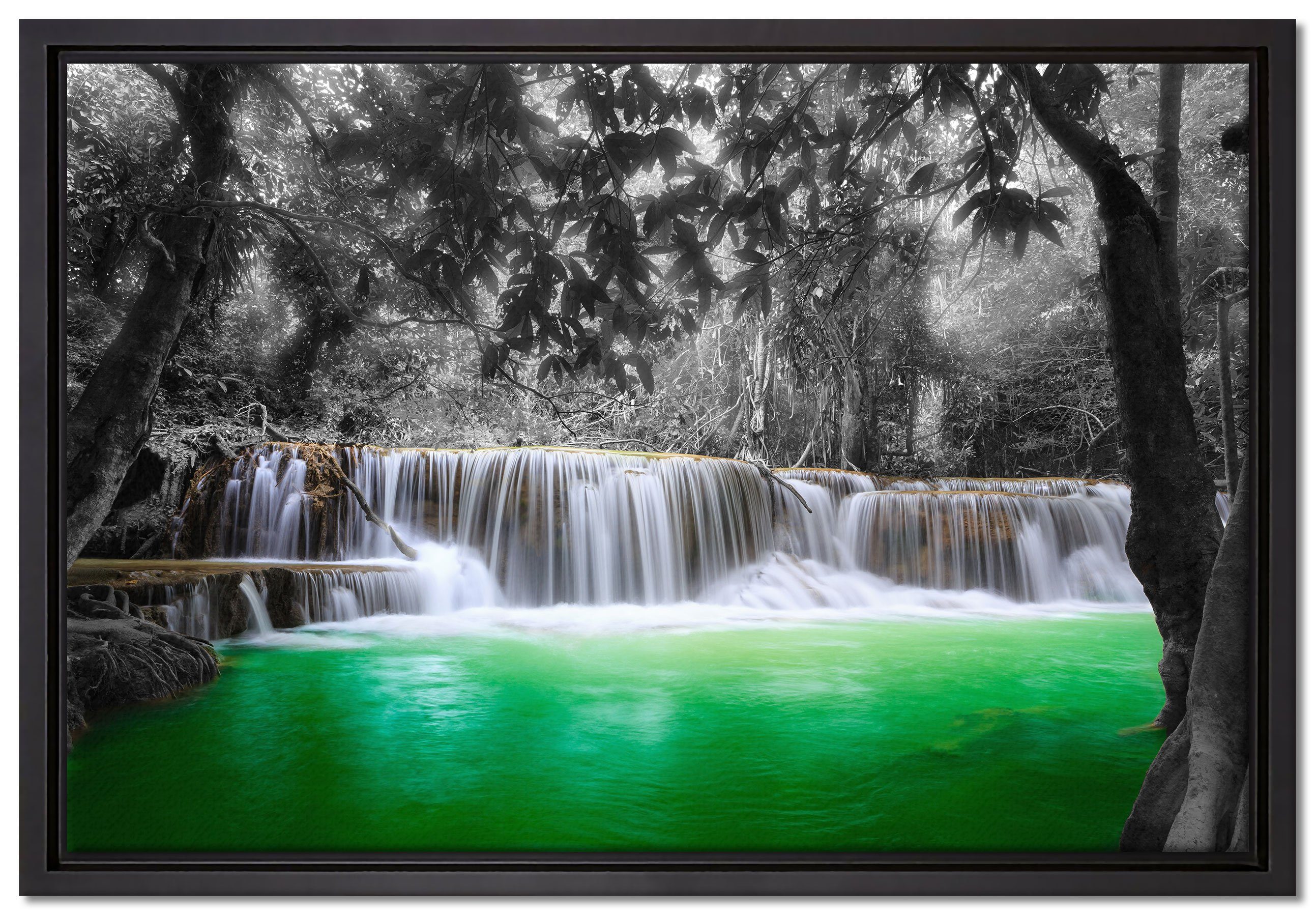 Pixxprint Leinwandbild schöner Wasserfall im Dschungel, Wanddekoration (1 St), Leinwandbild fertig bespannt, in einem Schattenfugen-Bilderrahmen gefasst, inkl. Zackenaufhänger