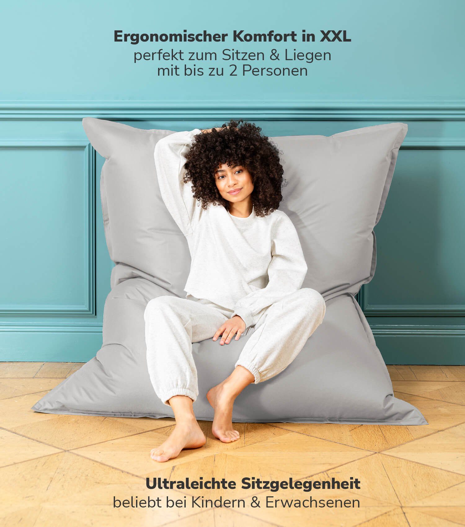 mokebo Sitzsack Der Große (für drinnen & draußen), Bean Bag Outdoor XXL, Bodenkissen, Riesen Sitzkissen in Grau