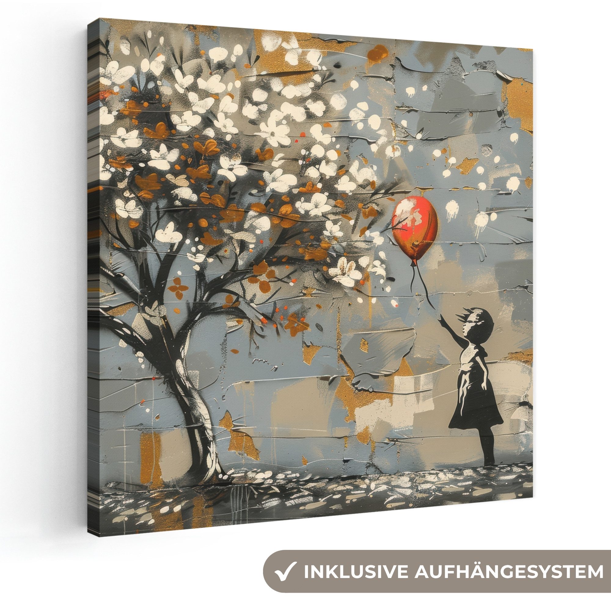 OneMillionCanvasses® Leinwandbild Baum - Graffiti - Banksy-Stil - Balloon Girl, Fotodruck (1 St), Wandbild, Deko Schlafzimmer Wohnzimmer Flur 20x20 cm