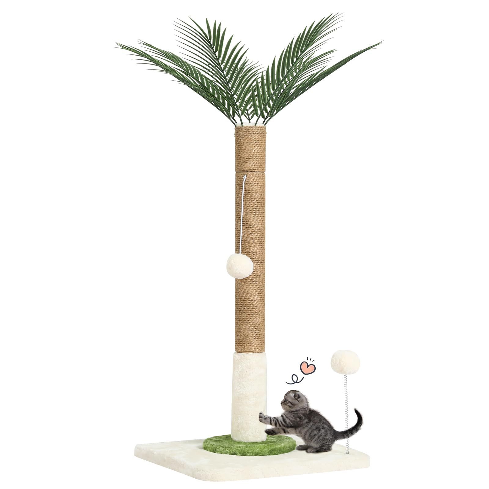 Aunfebrco Kratzsäule für Katzen mit Blätterdesign, 96 cm, Kratzbaum mit Natursisal, Beige