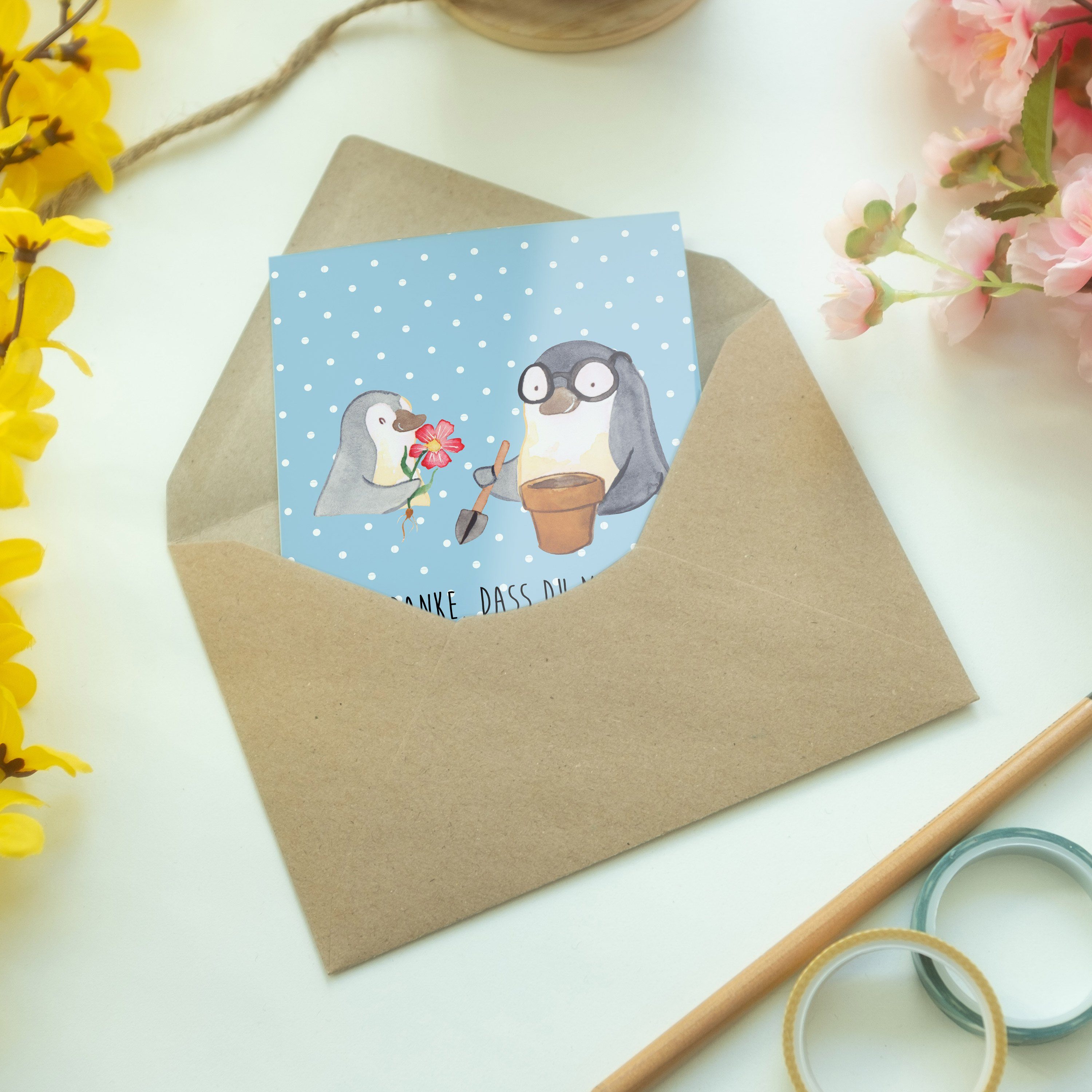 Opa - Blau Pastell Mr. - Pinguin pflanzen Karte, Opi, Geschenk, Fa Mrs. Panda & Grußkarte Blumen