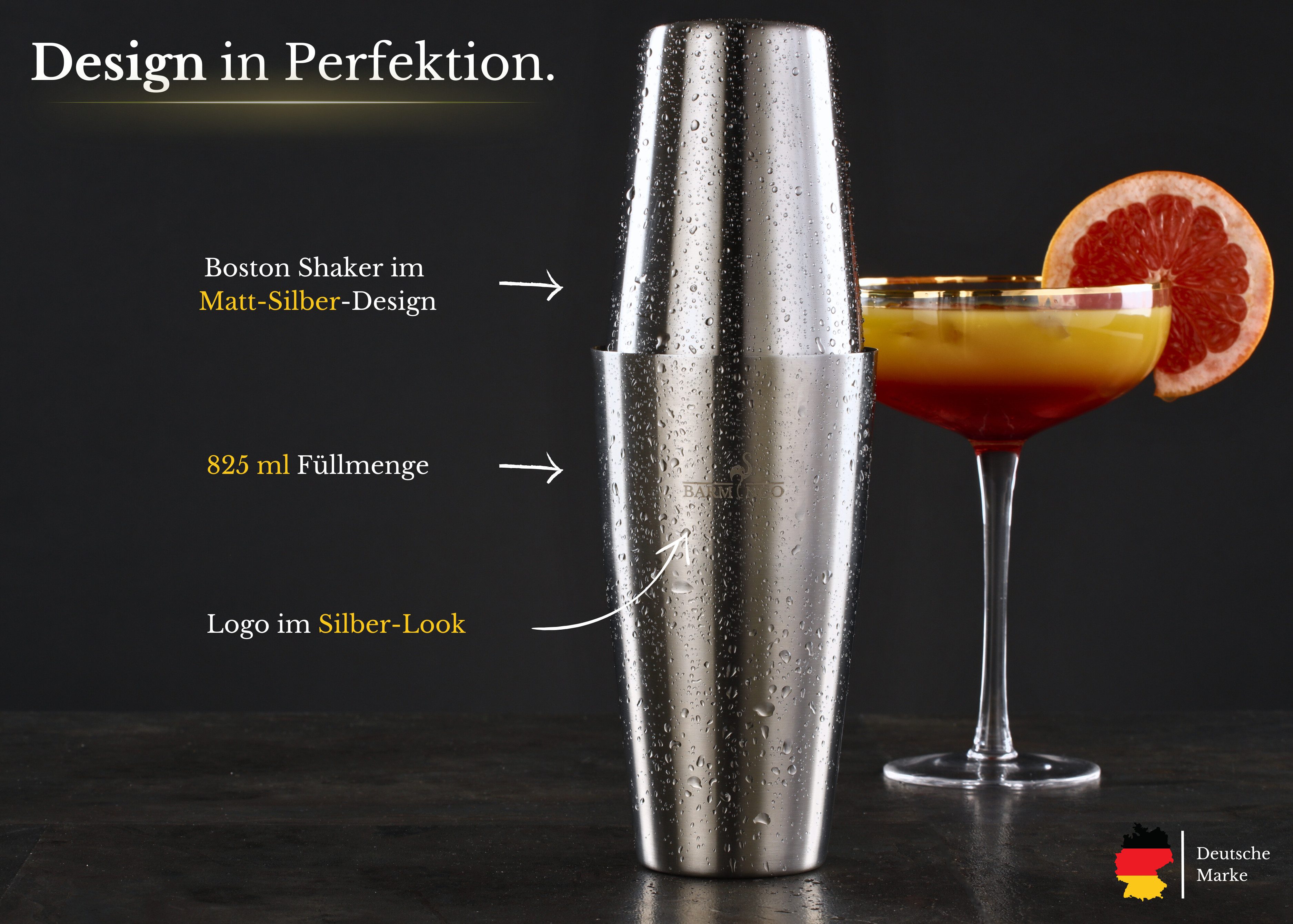 BARMINGO Cocktail-Set Edelstahl Boston Cocktail Shaker Set (825 ml) mit Bar Zubehör, (Cocktailshaker Set, 11-tlg., Für Profis und Anfänger), Cocktail Zubehör mi – Bild 4 von 5