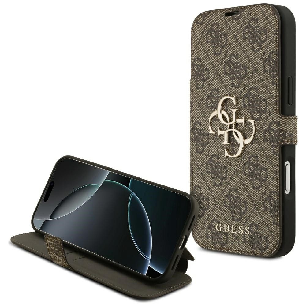 Guess Handyhülle Bookcase iPhone 17 Pro Max braun Logo goldfarben aufstellbar 6,9 Zoll, Kantenschutz
