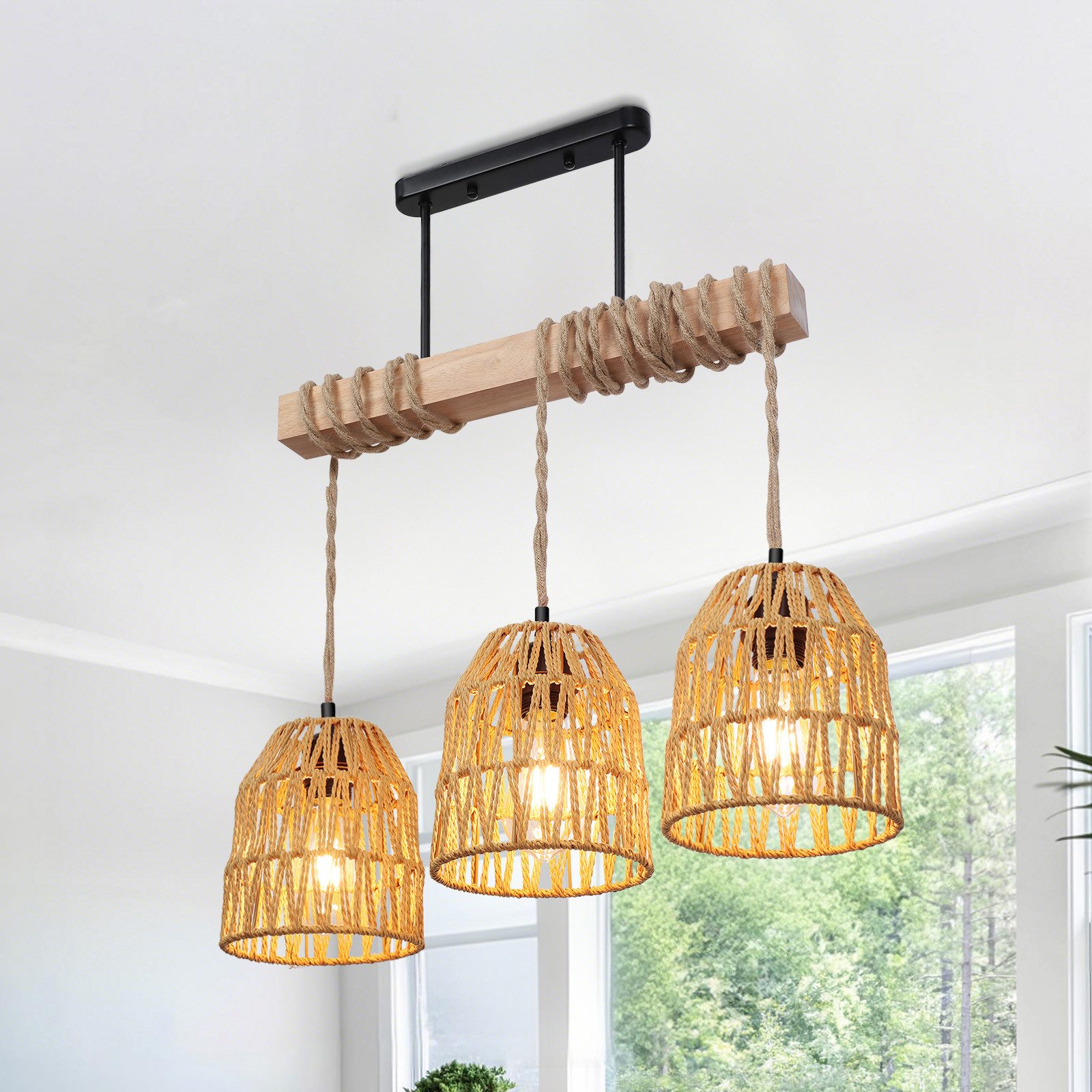 Rosnek LED Pendelleuchte Vintage Holz-Deckenleuchte 3-Licht, höhen- & winkelverstellbar, E27, Halogen, LED wechselbar, Einfache Montage, Holz-Linearlampe für Küche & Esszimmer