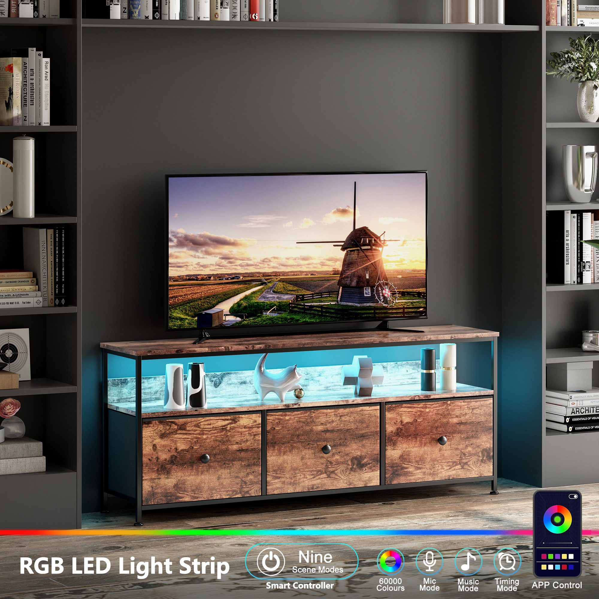Simurq TV-Schrank mit LED & Stoffboxen Lowboard 108-137cm im Tiger-Look