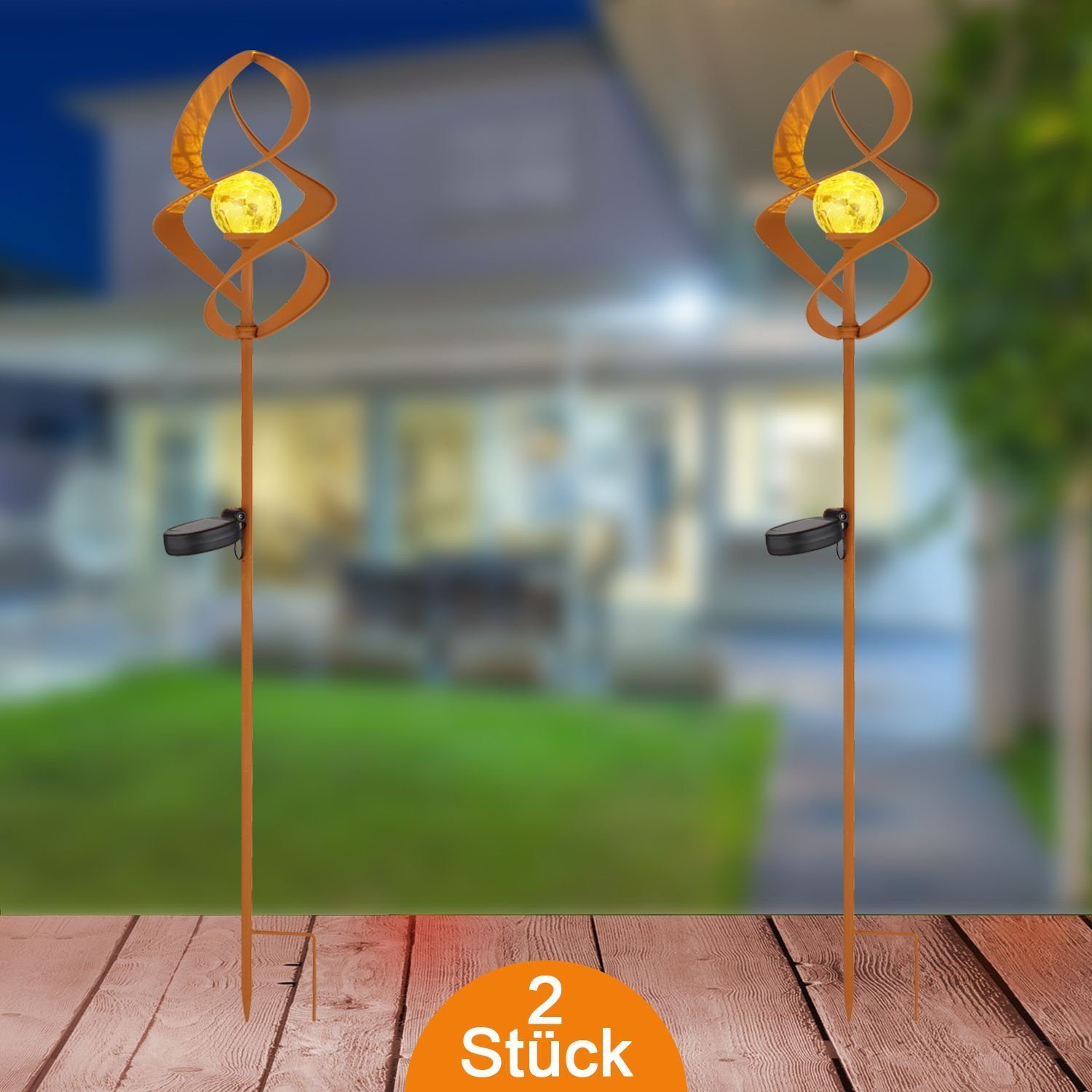 LED Solarleuchte Solarleuchten Garten Spirale 2er Set Rost Solarlampe Außen