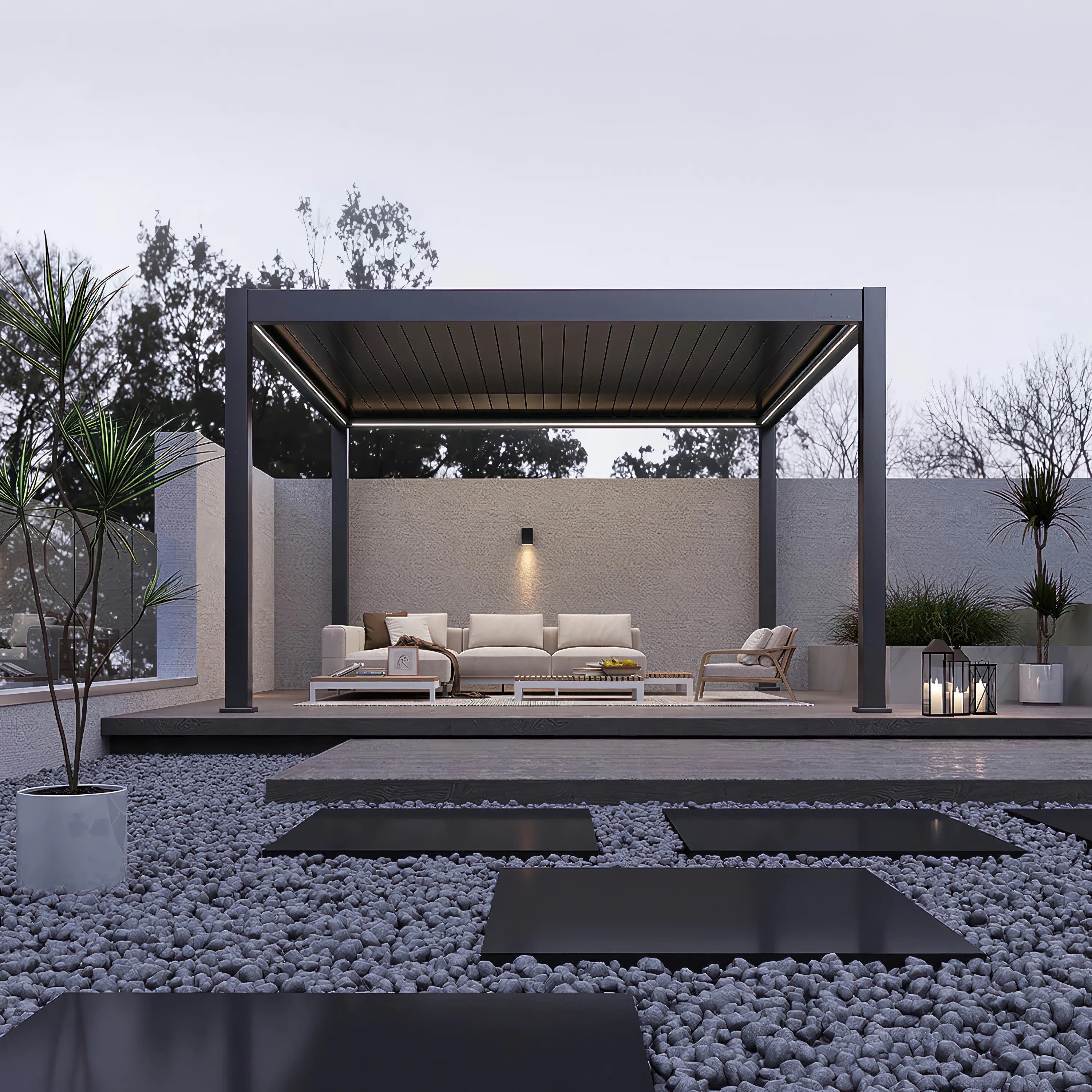 Gutroof Pergola "Deluxe Pro" 4x4 m, 256cm hoch, elektrisches Lamellendach mit LED, BxTxH: 403x403x256 cm, RGB Beleuchtung, App-Steuerung, integrierter Wasserablauf