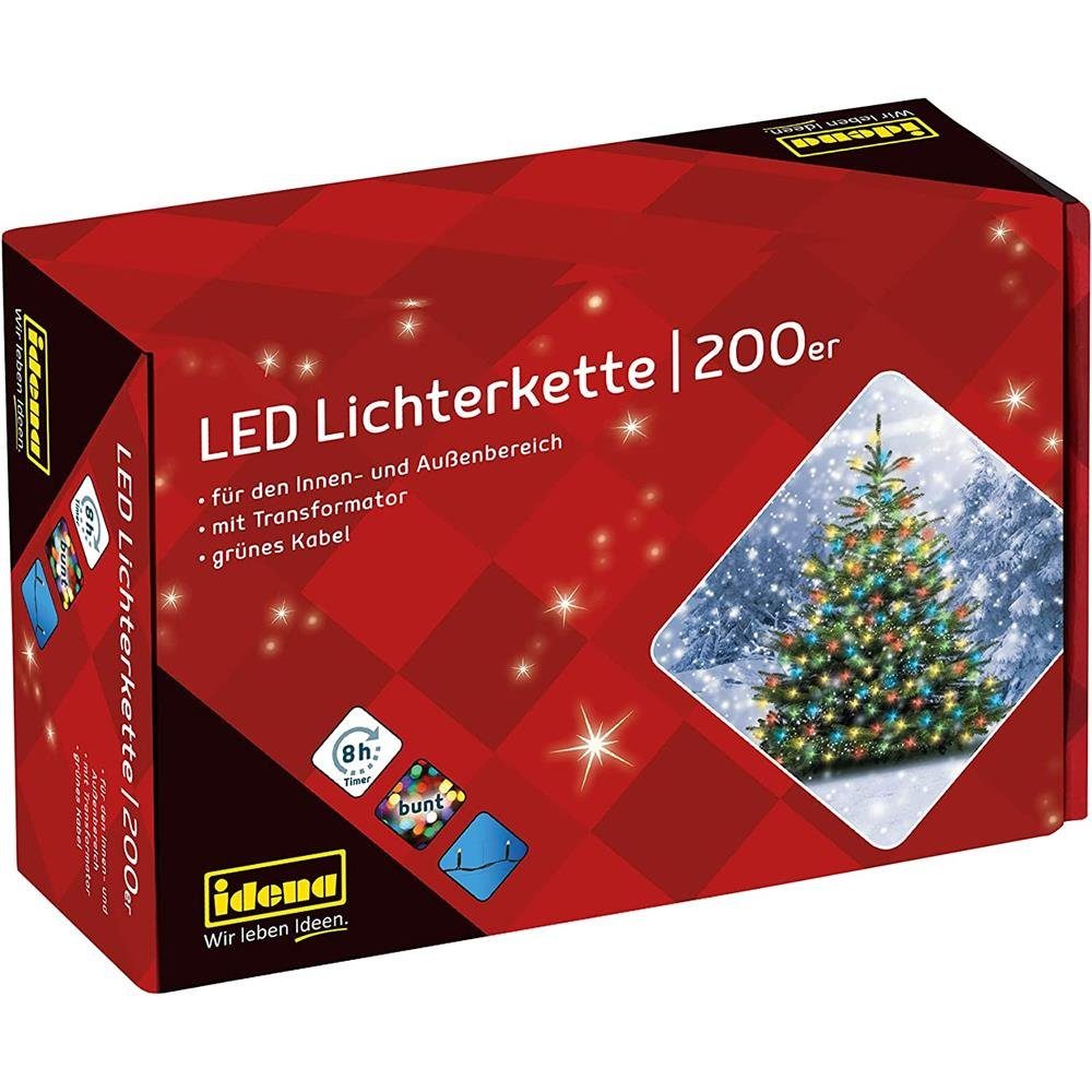 Idena LED-Lichterkette 200er LED-Lichterkette bunt Innen/Außen mit Timer