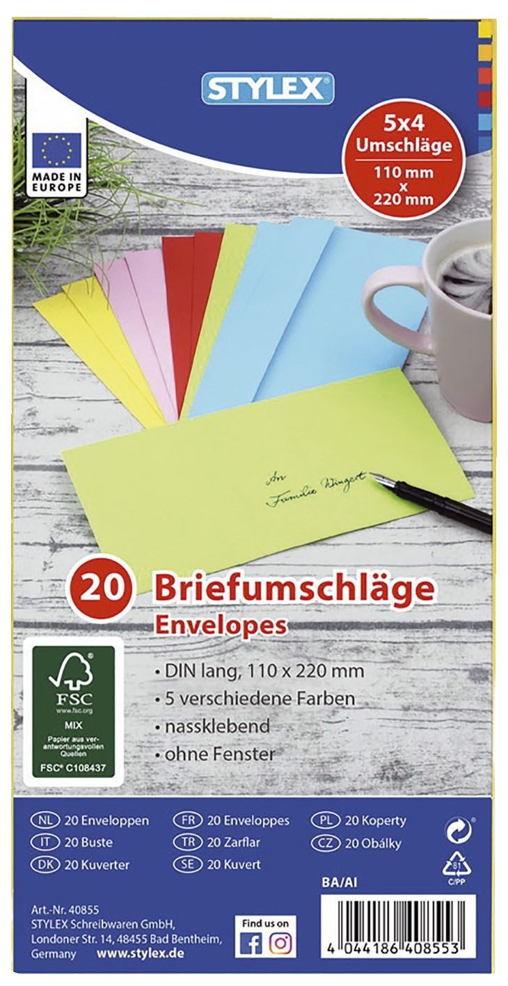 STYLEX Briefumschlag Briefumschläge - DL, ohne Fenster, nassklebend, 20 Stück sortirt