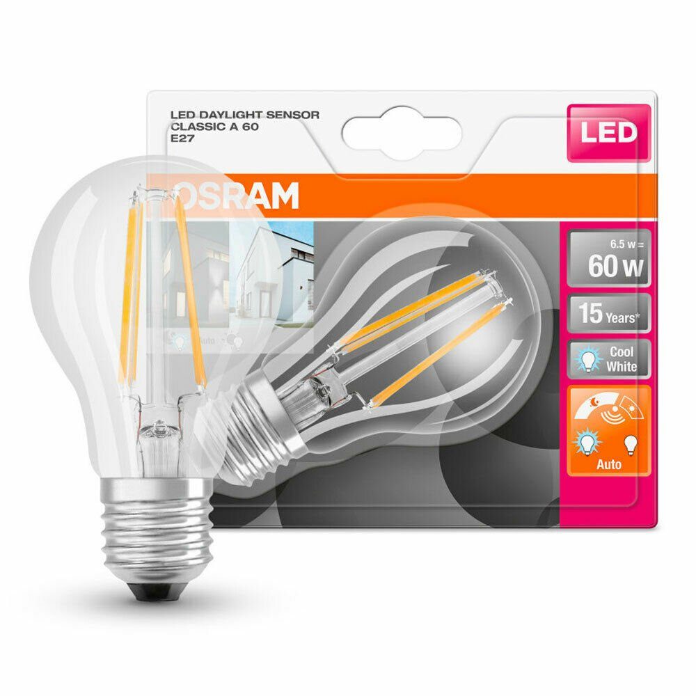 Filament E27, Osram 6.5W Neutralweiß Tageslichtsensor, Ledvance E27 LED Neutralweiß LED-Leuchtmittel Klar A60 =60W