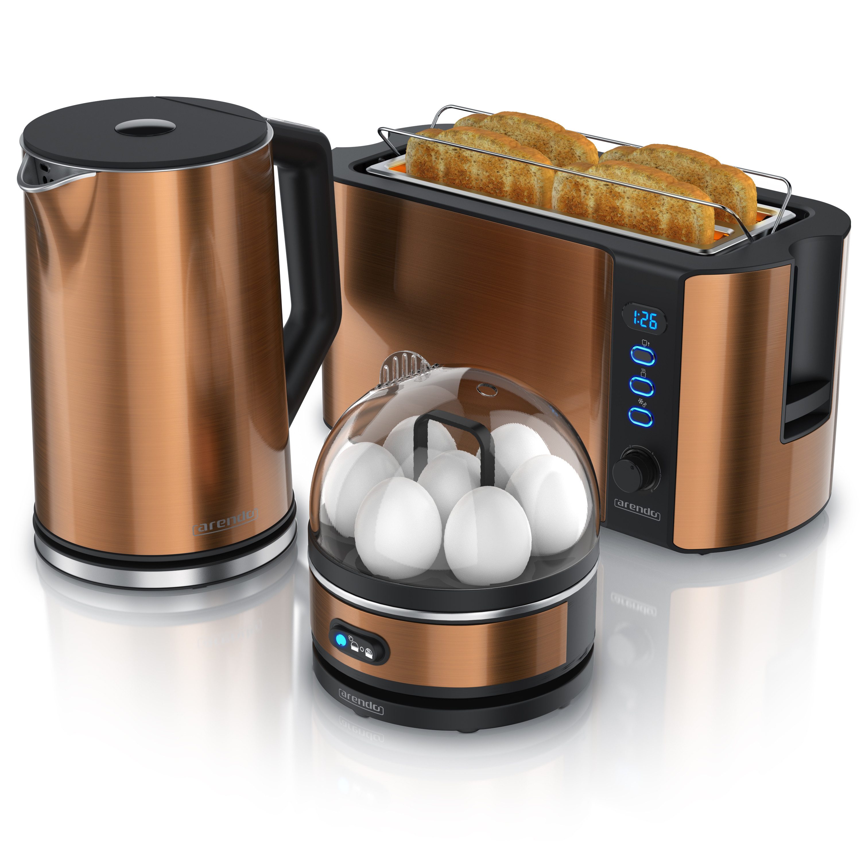 Arendo Frühstücks-Set Wasserkocher 1,5l, 4-Scheiben Toaster, 7er Eierkocher, Kupfer (3-tlg), Edelstahl, BPA-frei, GS-geprüfte Sicherheit, fürs Familienfrühstück