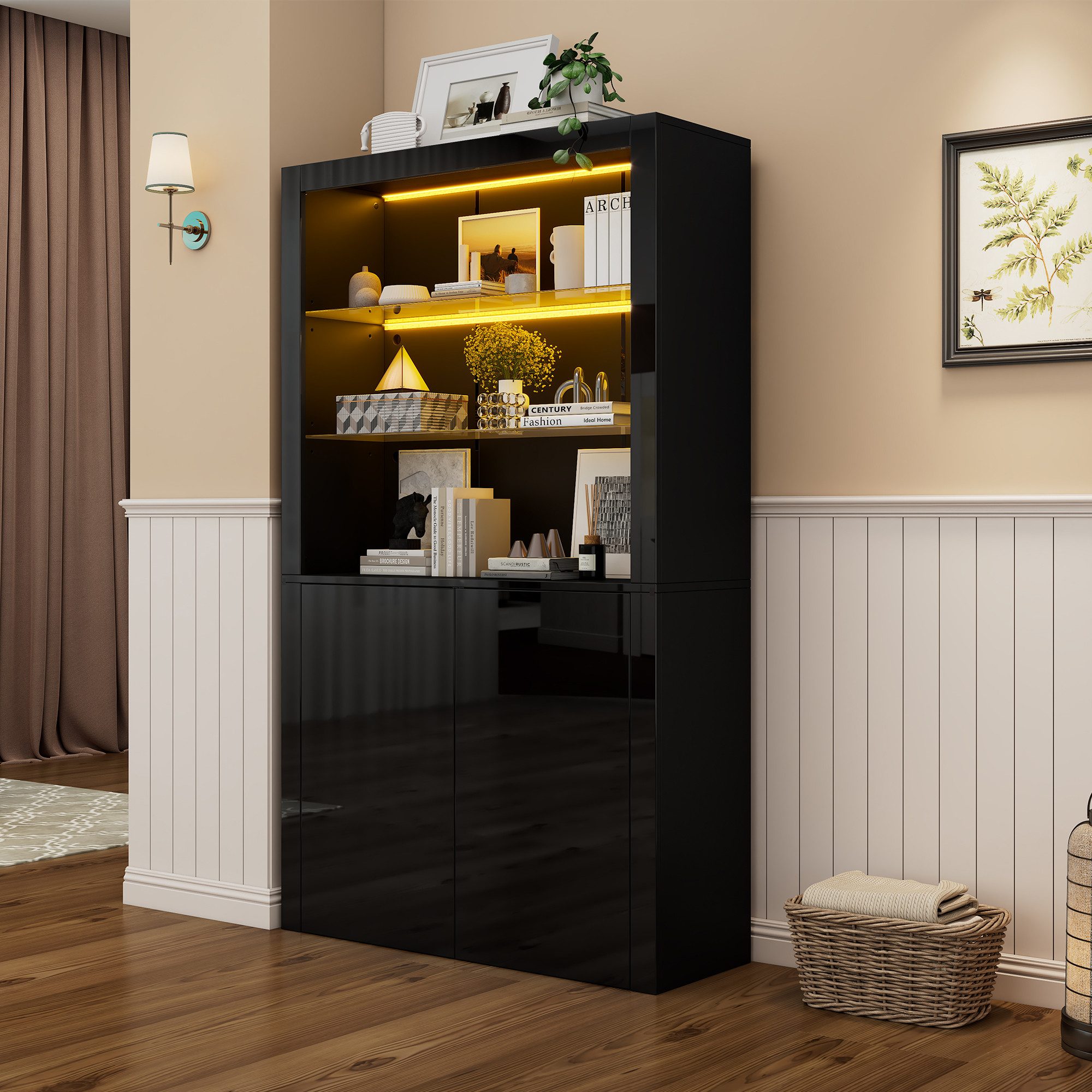 Merax Standvitrine hochglanz Hochschrank mit LED-Beleuchtung (100 x 35 x 170 cm, 1-St) Vitrinen Aufbewahrungsschrank mit gehärtetem Glas & Stauraum