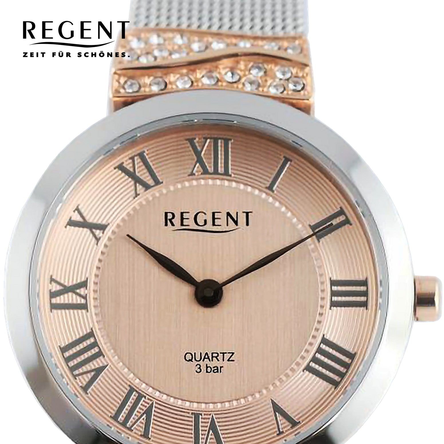 30mm), extra Analog, groß Regent Armbanduhr Damen Damen Armbanduhr Regent Quarzuhr Metallarmband rund, (ca.