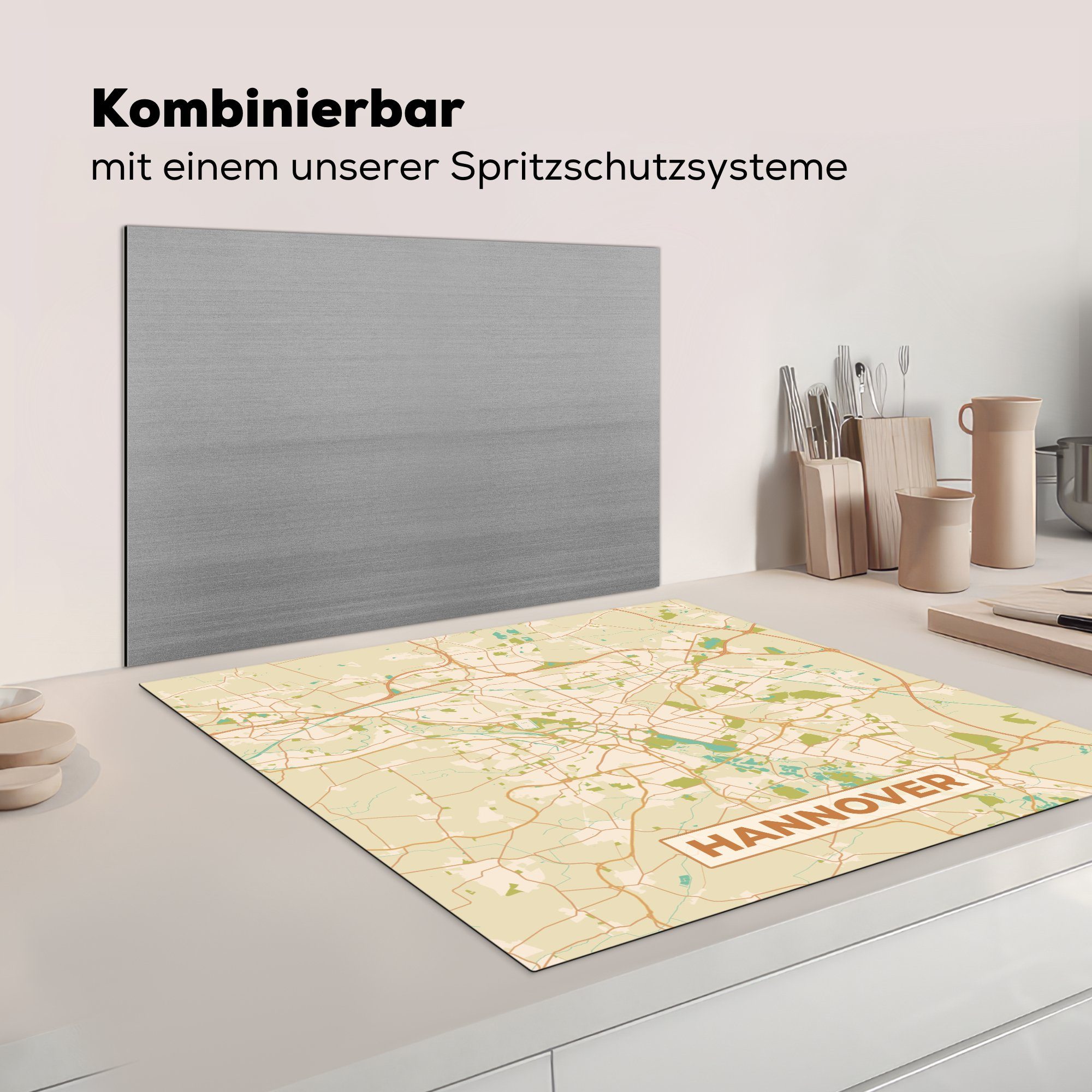 Ceranfeldabdeckung, tlg), cm, Vintage für - Herdblende-/Abdeckplatte Karte Vinyl, Stadtplan, Karte - 78x78 - Arbeitsplatte MuchoWow küche (1 Hannover -