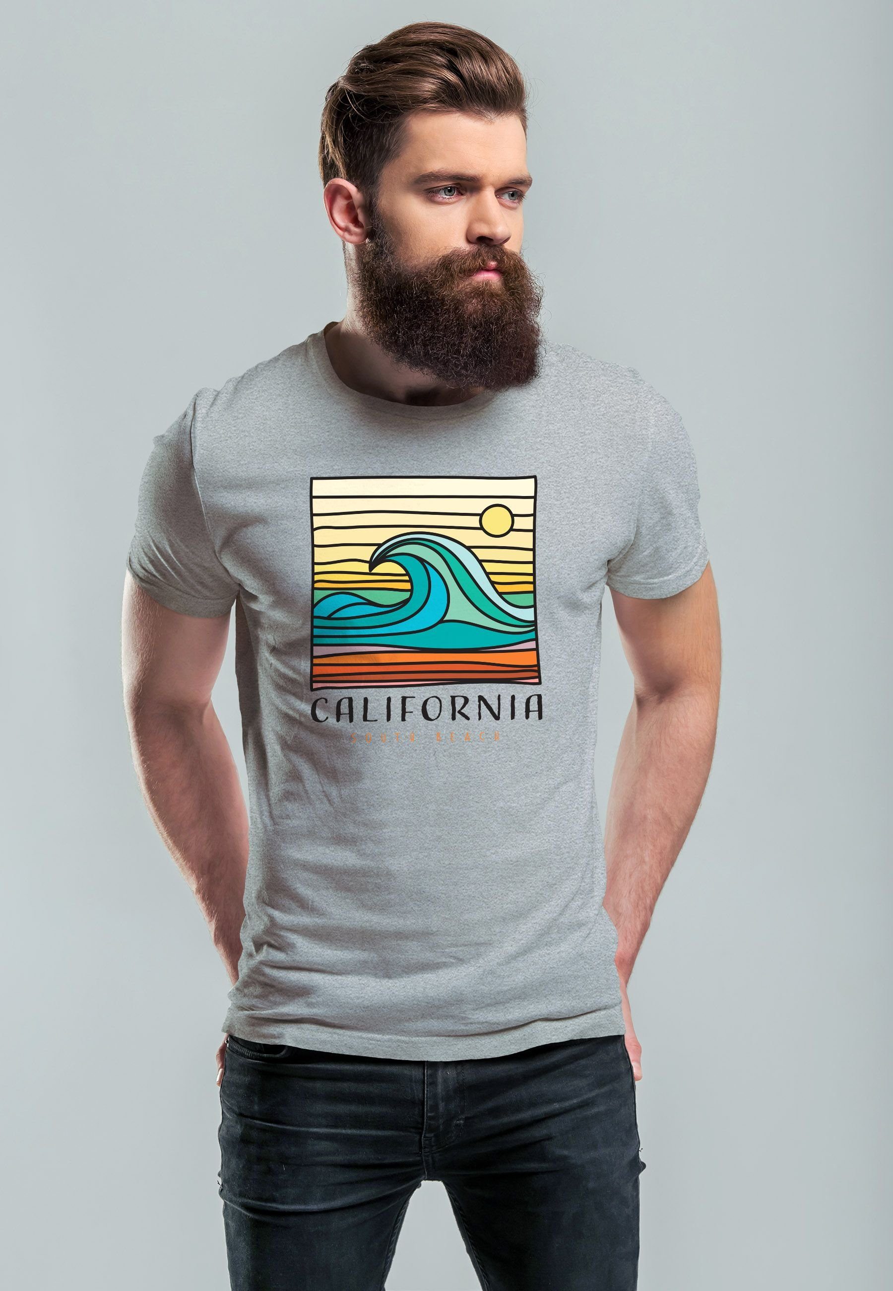 Welle South Print-Shirt Neverless T-Shirt Beach California mit grau Herren Aufdruc Print Wave Print Surfing