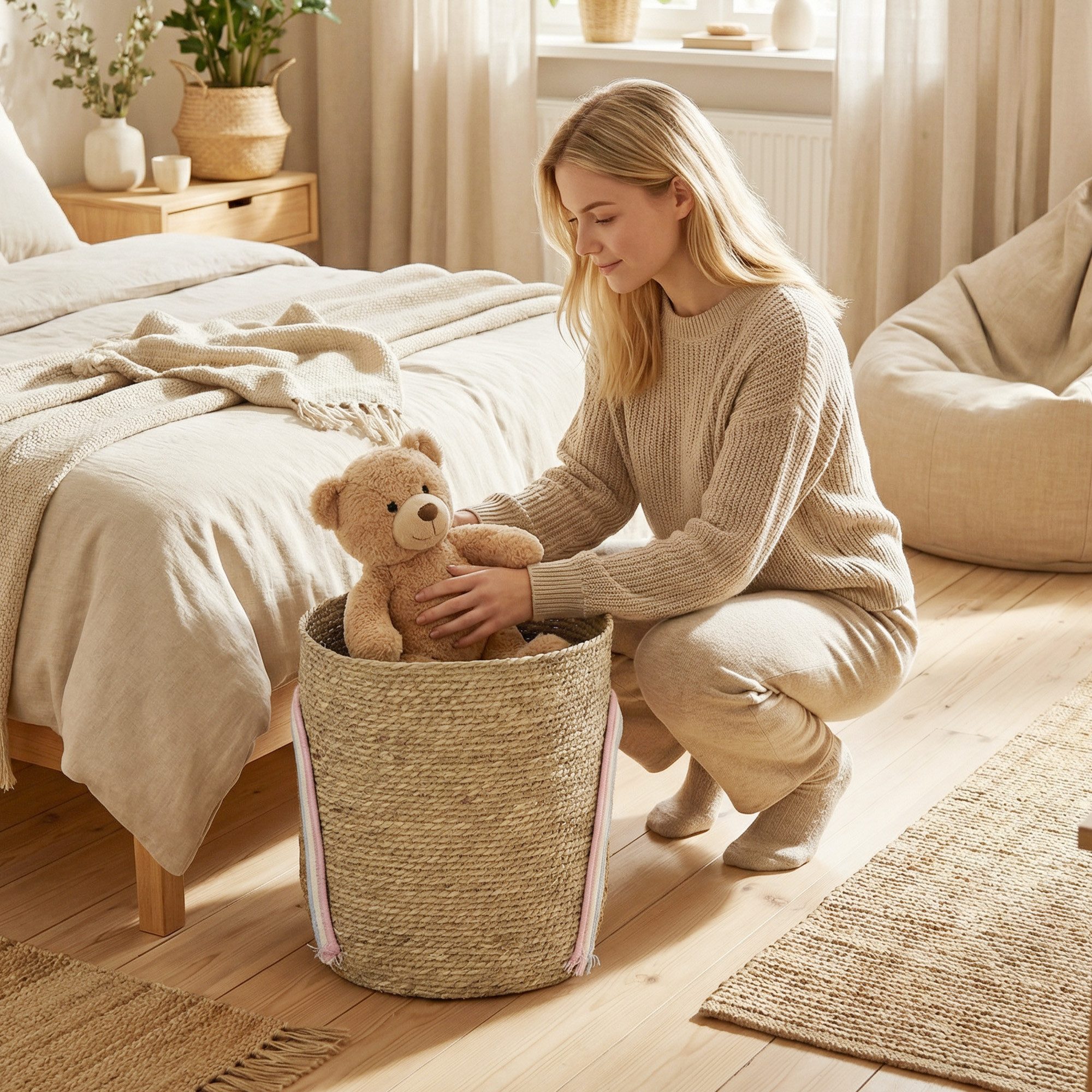 HOMCOM Aufbewahrungskorb Geflochten, Seegras Korb, für Wohnzimmer und Schlafzimmer, Natur (Wäschekorb, 1 St., für Organisieren von Spielzeug und Kleidung), Boho-Stil, Regenbogen-Dekor, handgefertigt