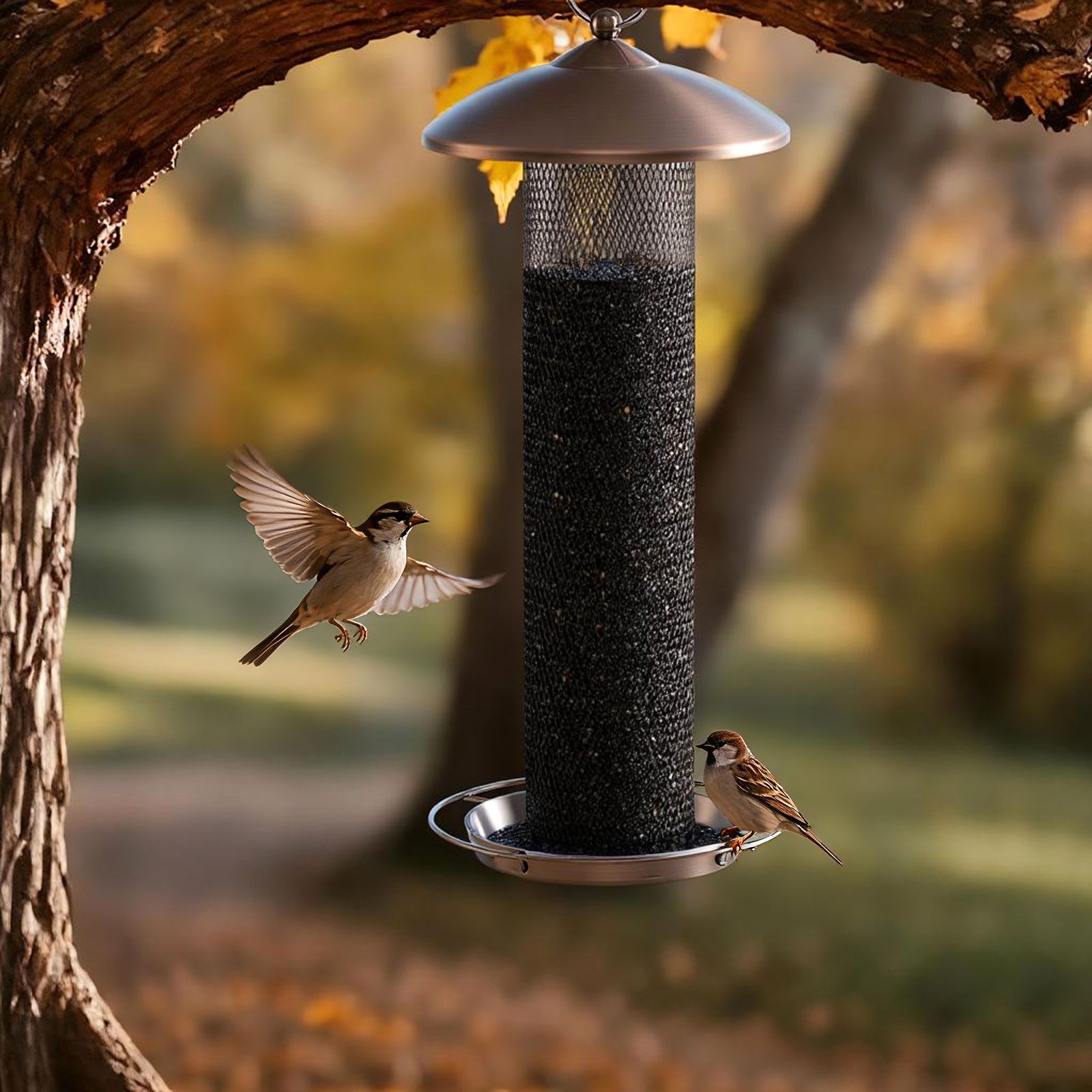 KOMFOTTEU Vogeltränke, Vogelfutterspender mit Schutzdach & Futterschale