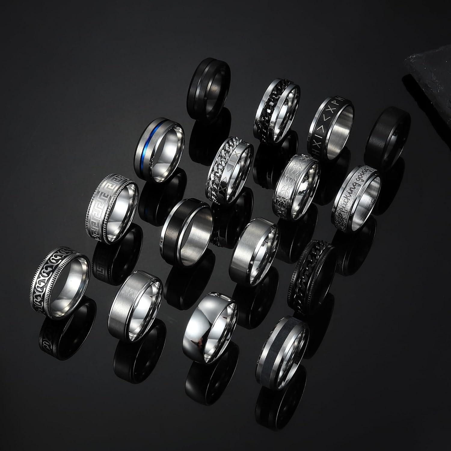 LuxusKollektion Ring-Set 16er Set Edelstahl Herren Ringe Silber Schwarz Matt Finish Keltischer – Bild 5 von 5