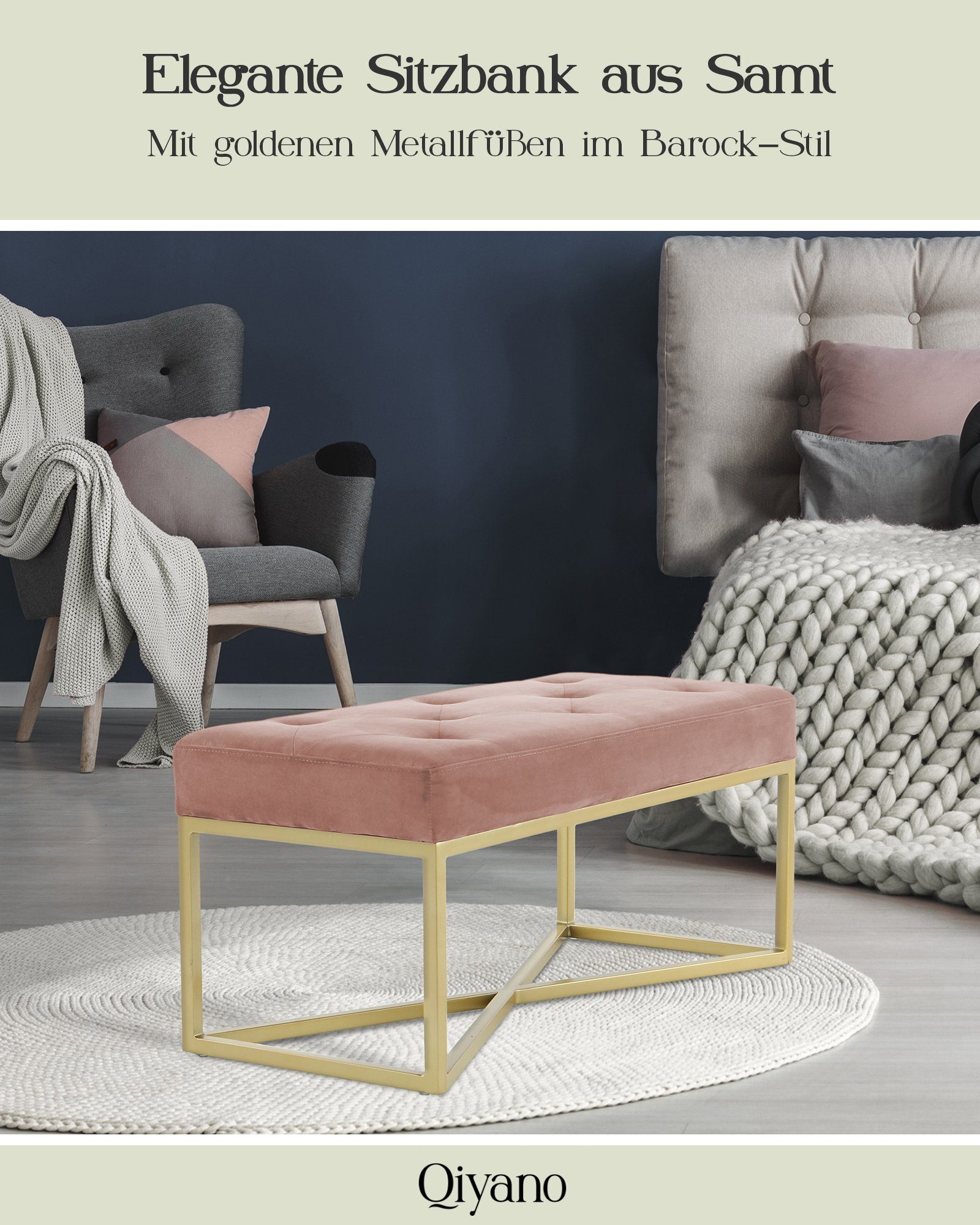 Barock-Stil Rosa Polsterbank Sitzbank Metallfüßen Gesteppte Sitz- mit goldenen Qiyano Samt