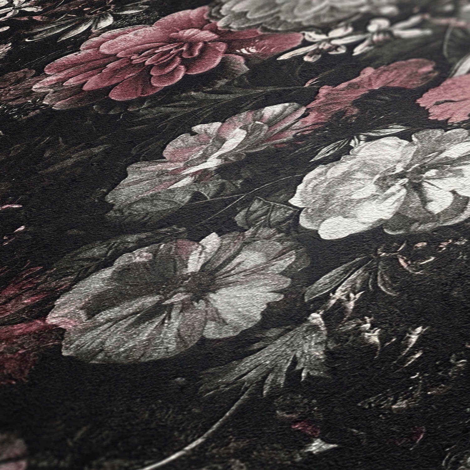 natürlich, Florale Hari, dunkelrot/schwarz Vliestapete geblümt, Mata strukturiert, living Blumen Tapete floral, walls