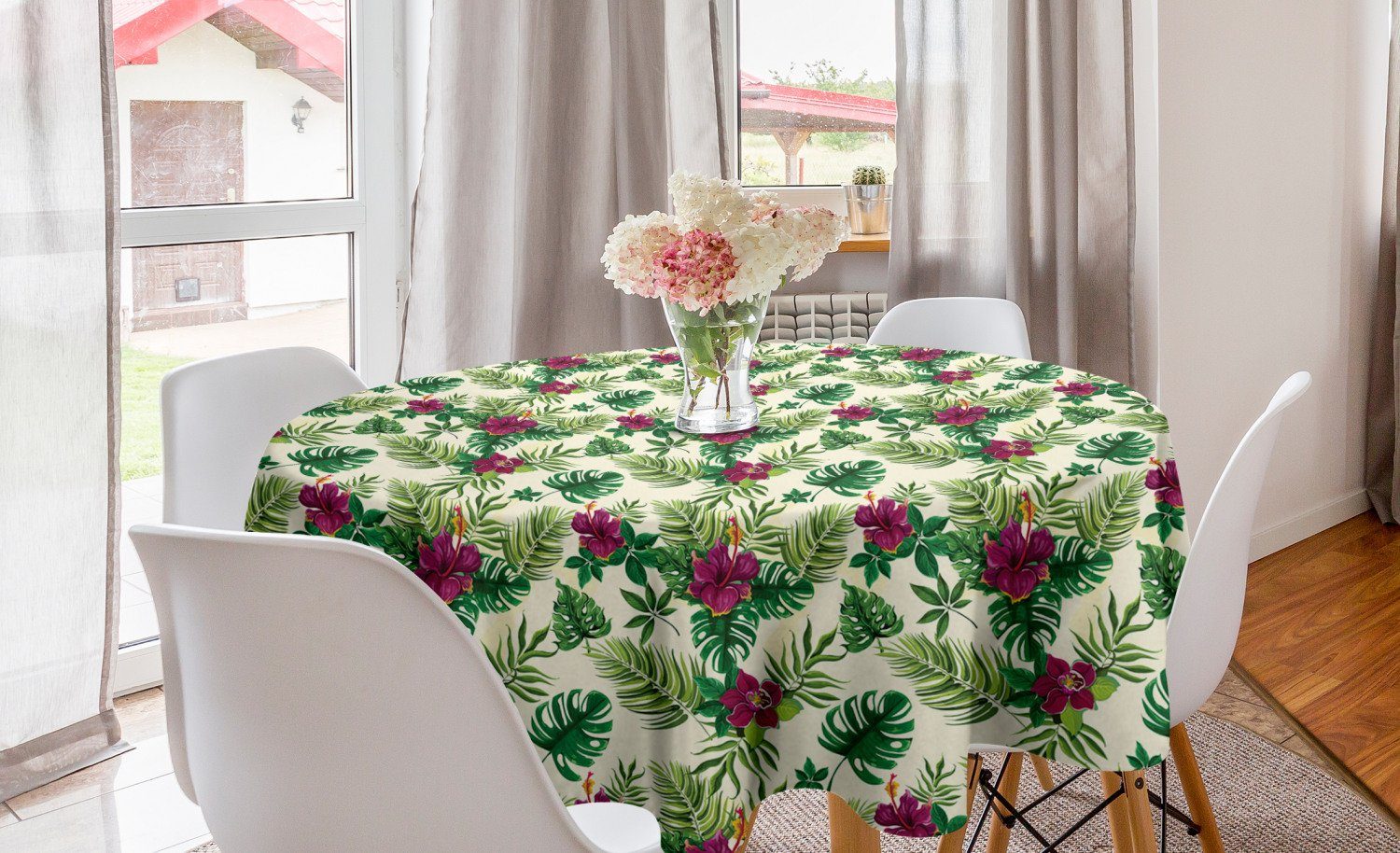 Abakuhaus Tischdecke Kreis Tischdecke Abdeckung für Esszimmer Küche Dekoration, Palme Exotische Blätter und Hibiscus