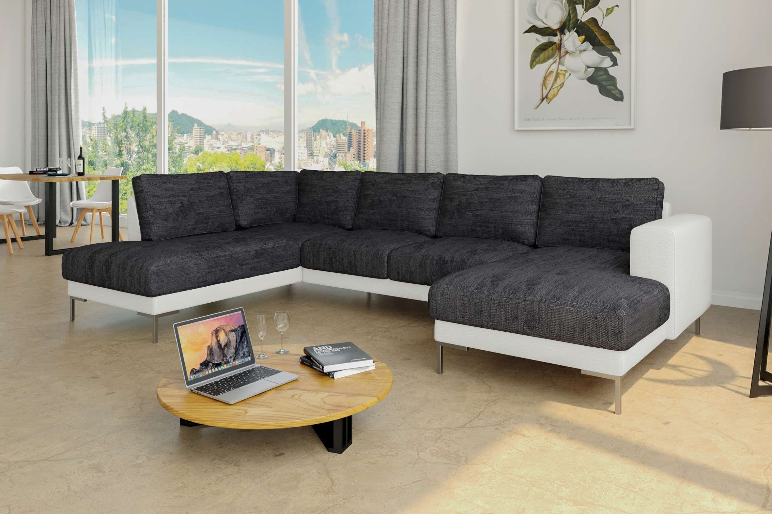 Stylefy Wohnlandschaft Santini, Sofa, U-Form, mane links oder rechts bestellbar, frei im Raum stellbar, Modern Design, mit Wellenfederung, Metall Schwarz - Weiß