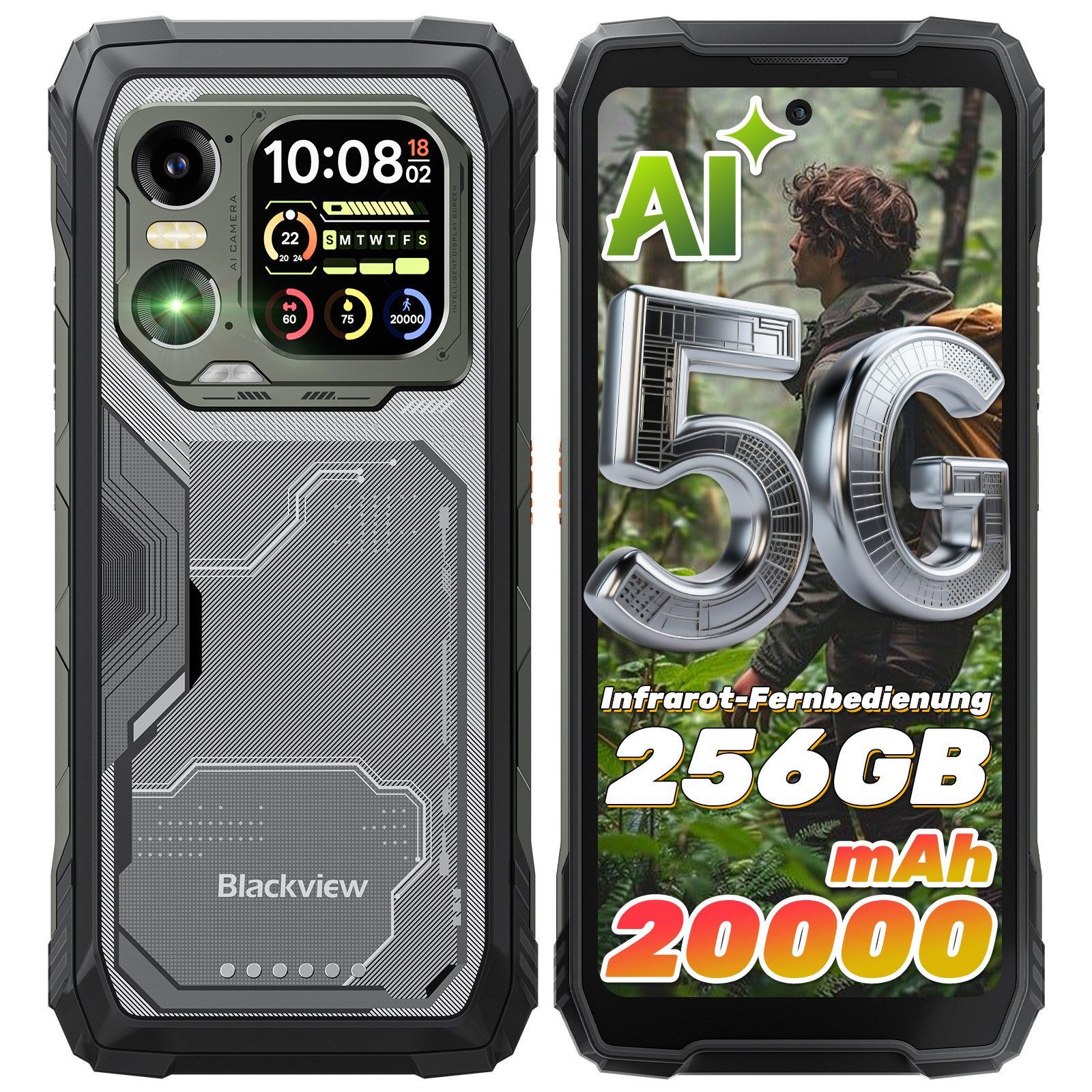 blackview XPLORE 1 Dual-Screen 20000mAh 64MP Infrarot-Fernbedienung Outdoor Smartphone (6,78 Zoll, 256 GB Speicherplatz, 64 MP Kamera, 5G, 1080*2460, 120Hz, 64MP+50MP+20MP Nachtsicht, 55W, 5W OTG)