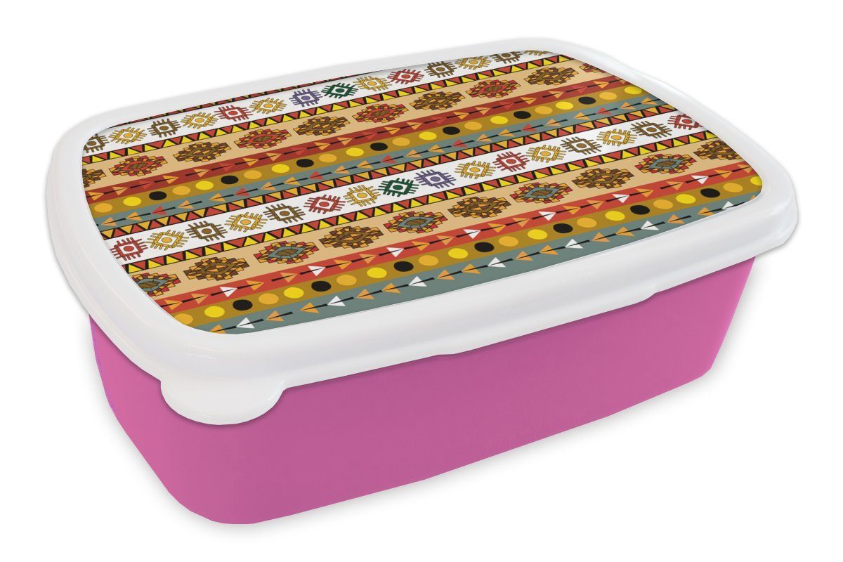 MuchoWow Lunchbox Maya - Muster - Lateinamerika, Kunststoff, (2-tlg), Brotbox für Erwachsene, Brotdose Kinder, Snackbox, Mädchen, Kunststoff rosa