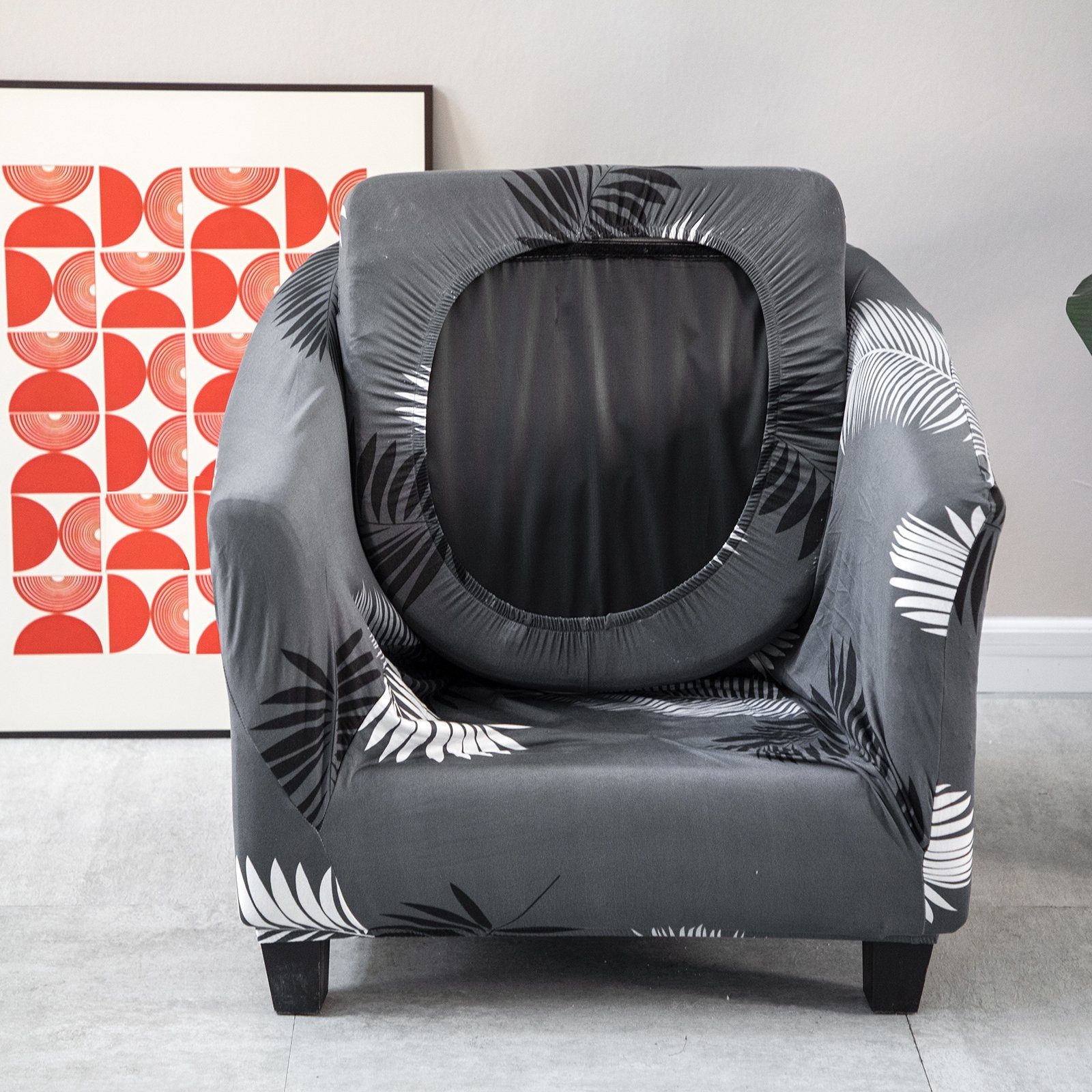 Sesselhusse Stretch, gedrucktes florales Barrel Muster, Dunkelgrau Chair für Akzentstuhl Einzelsessel, geometrisches Rosnek