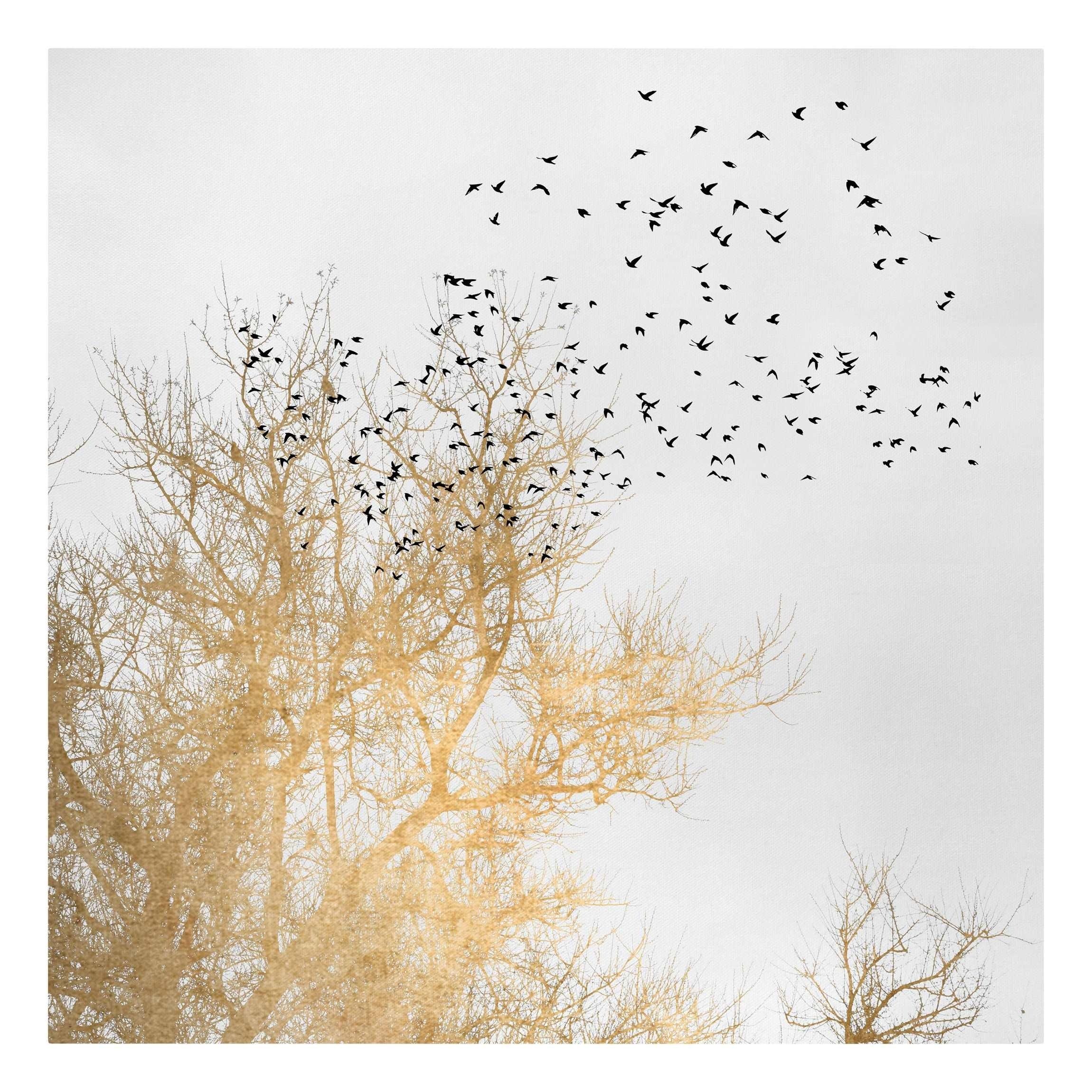 Leinwand Vogelschwarm Leinwanddruck Kunstdruck Größen auf Bild in Bilderdepot24 Baum XXL, gold goldenem auf Leinwandbild Leinwand; Bild vielen vor