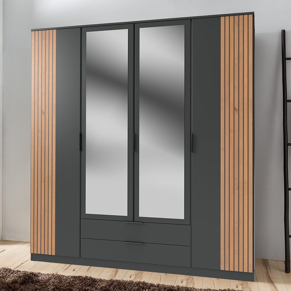 Lomadox Kleiderschrank LAZISE-43 Drehtürenschrank 180cm, graphit mit Eiche,  mit Spiegeltüren