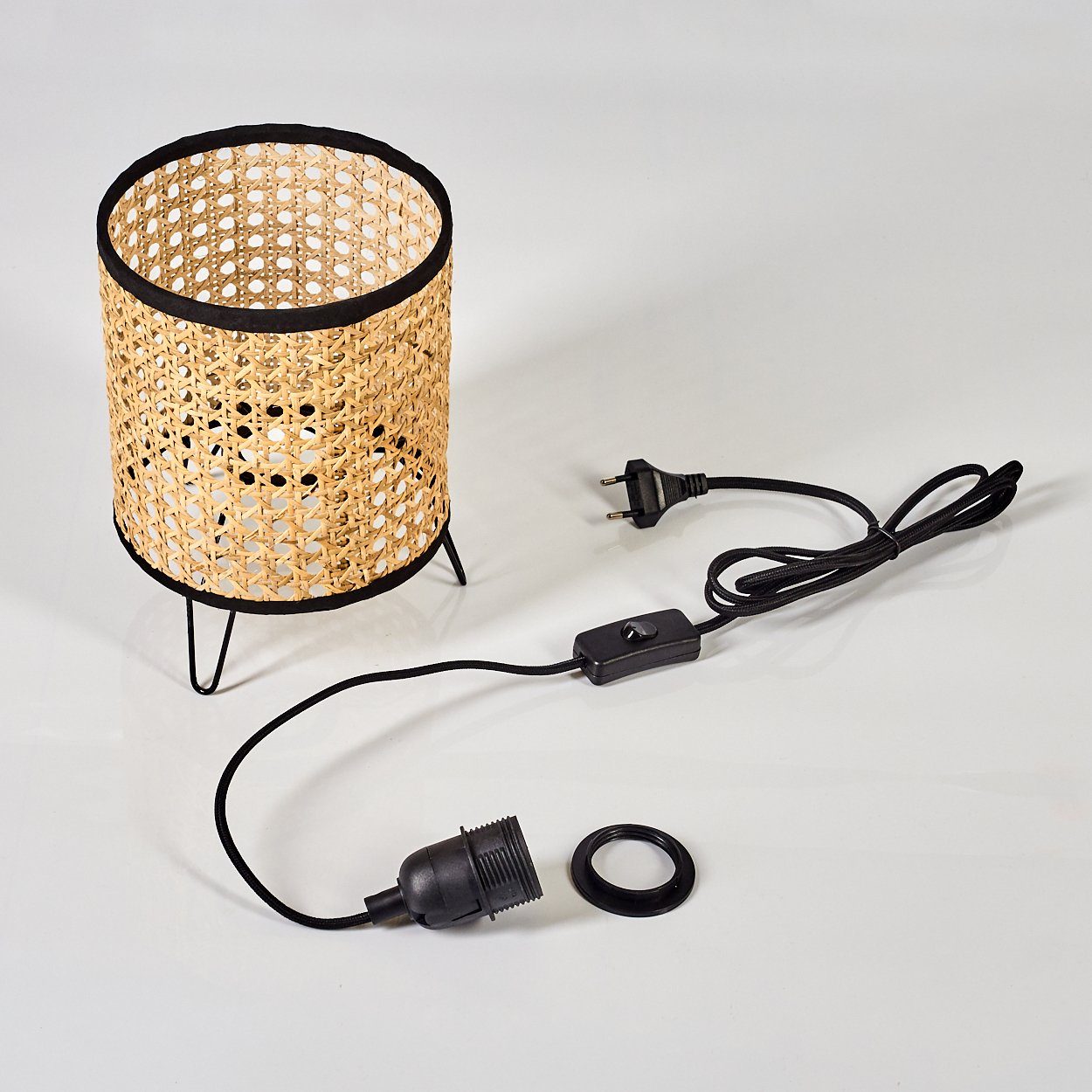 Tischleuchte im Rattan, in hofstein ohne / »Silos« naturfarbenen Boho Tischlampe 1xE27 Leuchtmittel, runde Tischlampe schwarz Metall Style, und
