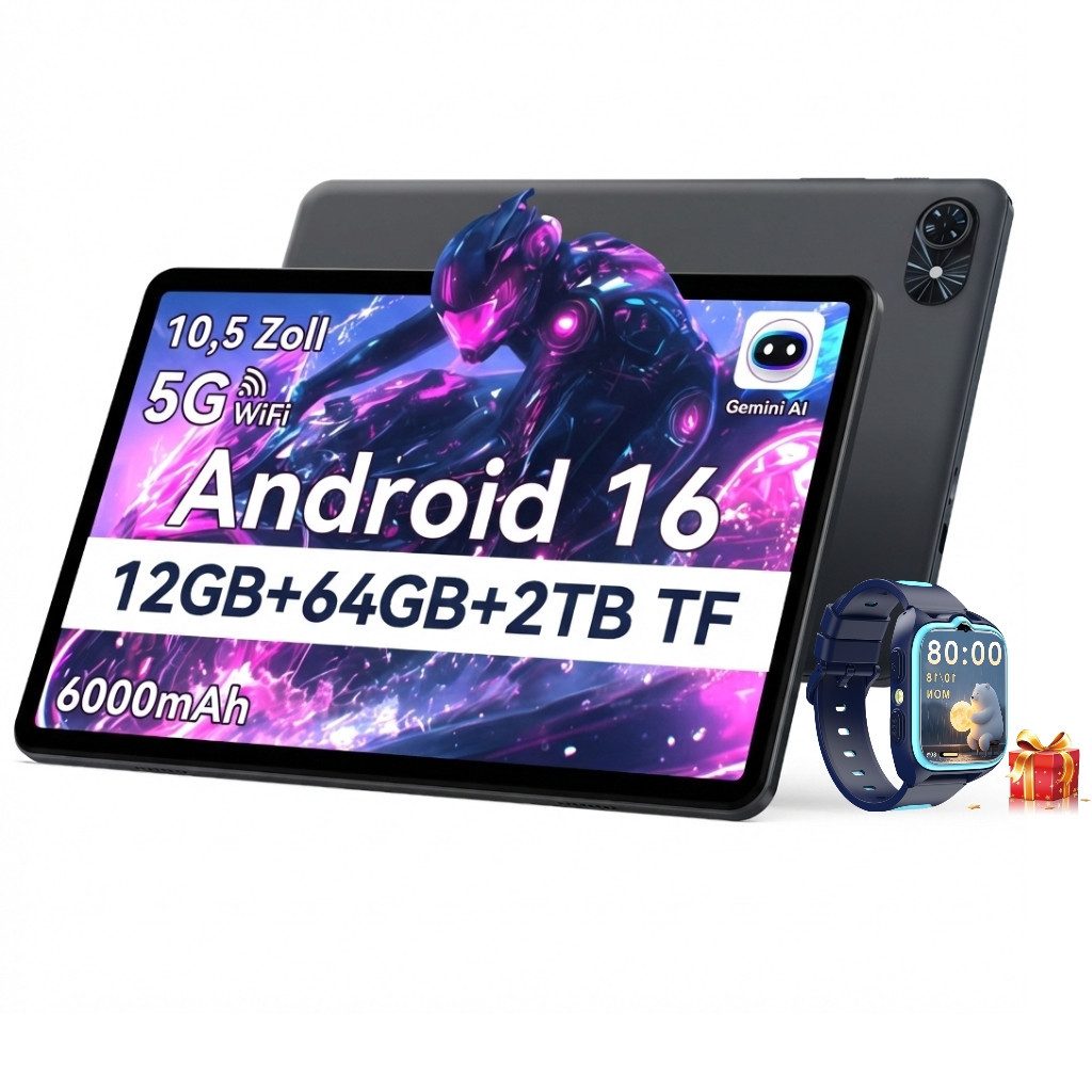 TABWEE T80 Android 16 6000 mAh mit 64/128 GB incl. Smartwatch Tablet (10.1", Android16, 5G wifi, Android 16, Gemini AI, PC-Modus)