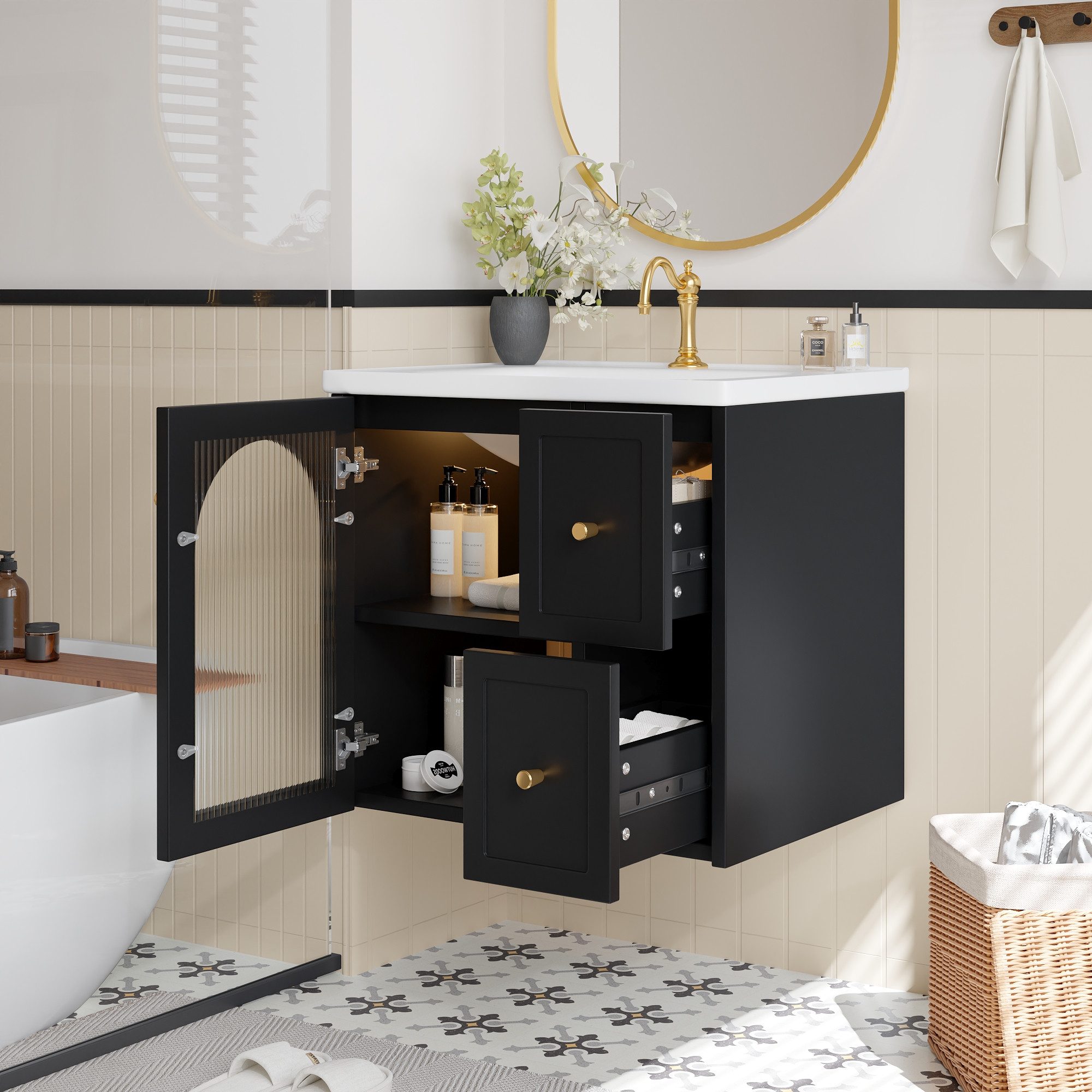 STILVORA Waschbeckenunterschrank mit LED-Licht Wandmontierter Badschrank mit Keramikbecken Schwarz (geriffeltem Glastür & Metallgriffen,mit Soft-Closing, Wandmontierter Badschrank,auslaufsicherem Design,Wandmontage) 60.5*47.5*57cm(L x B x H),Soft-Closing-Scharniere und Gleitschienen