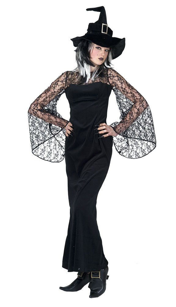 Hexen-Kostüm langes schwarzes Hexenkleid Damen mit Spitze