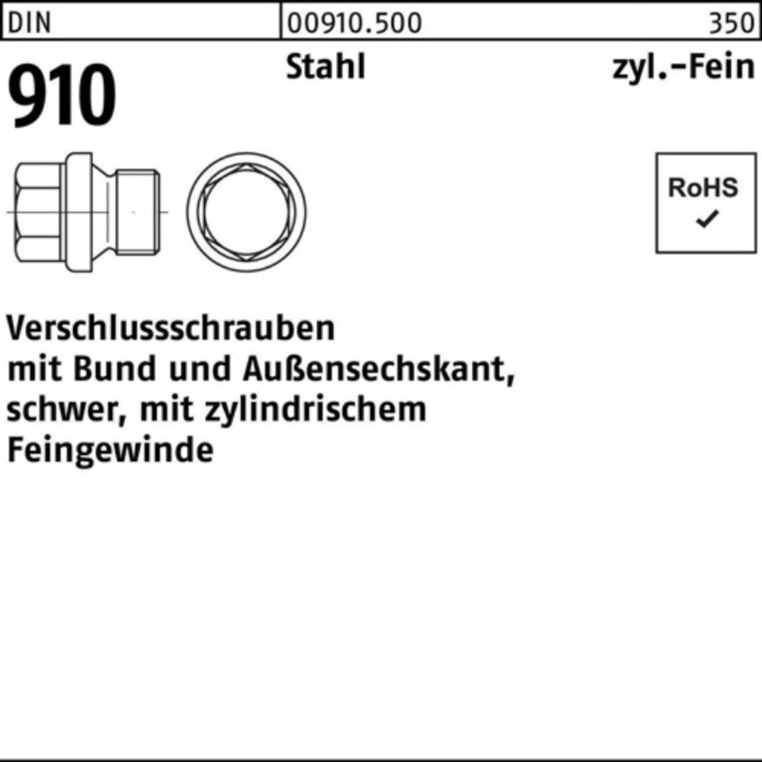 Reyher Schraube 100er Pack Verschlußschraube M48x 2 Stahl 910 DIN Bund/Außen-6-kt 1