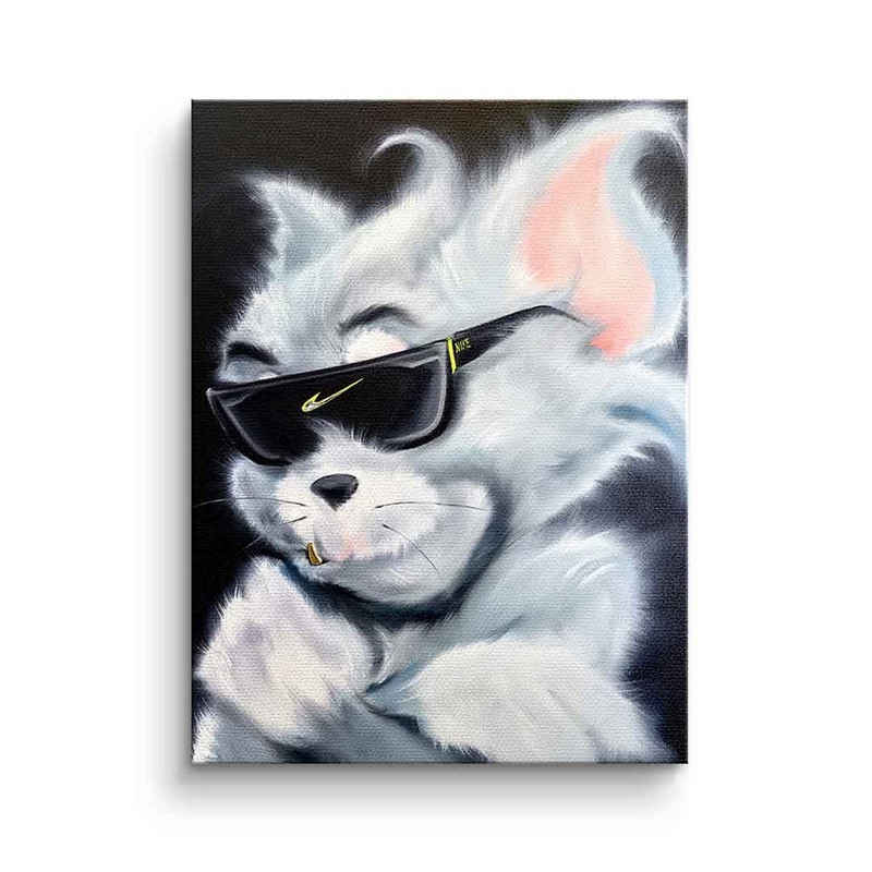 DOTCOMCANVAS® Leinwandbild Sunglass Cat, Leinwandbild Tom Pop Art Comic Porträt Sunglass Cat weiß schwarz