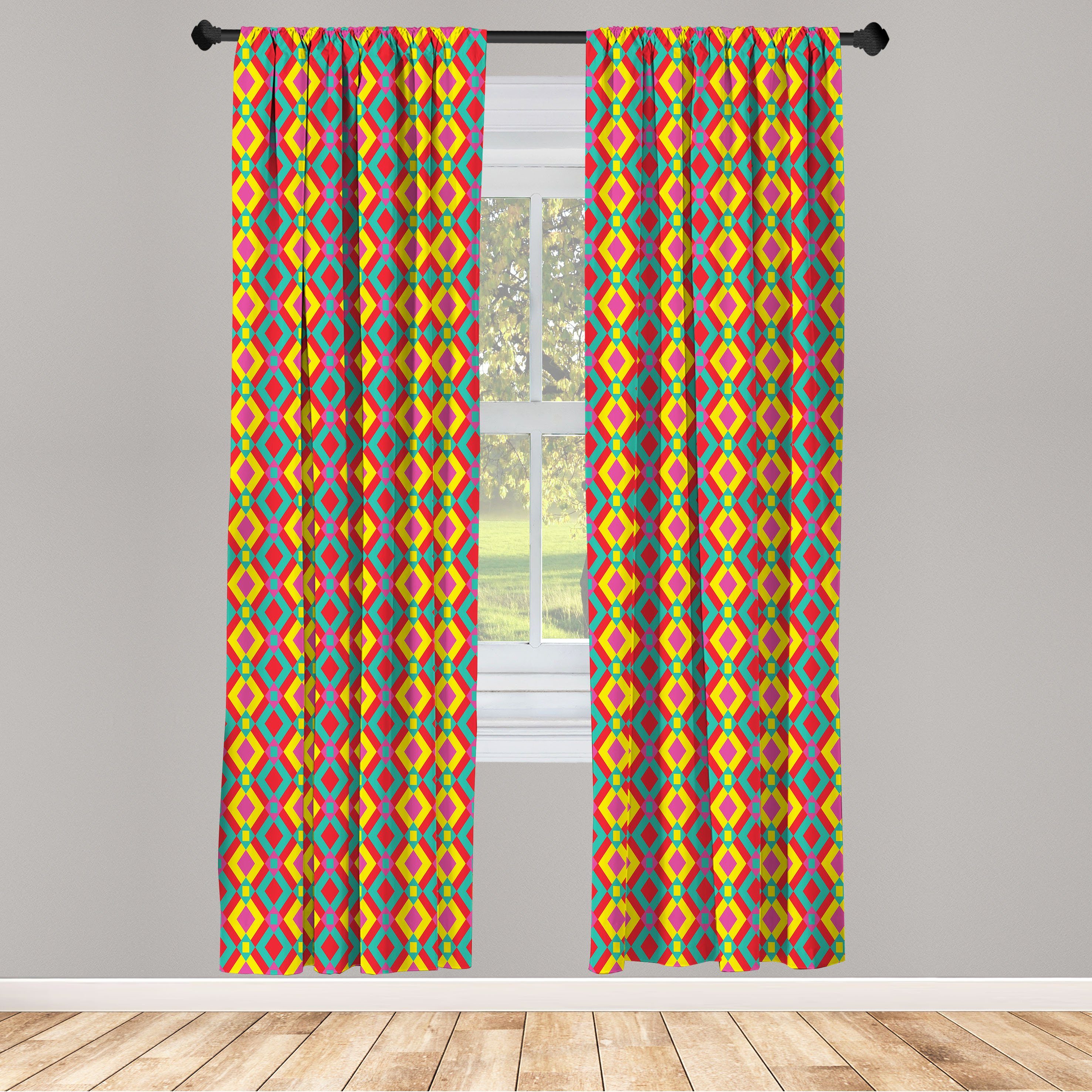 Gardine Vorhang für Wohnzimmer Schlafzimmer Dekor, Abakuhaus, Microfaser, Geometrisch Einheimische Folk Motiv Grid