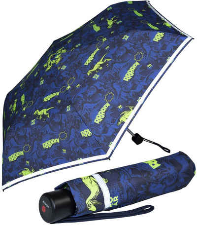 Knirps® Taschenregenschirm Kinderschirm 4Kids reflective mit Reflexborte, Sicherheit auf dem Schulweg, neonfarbene Dinos