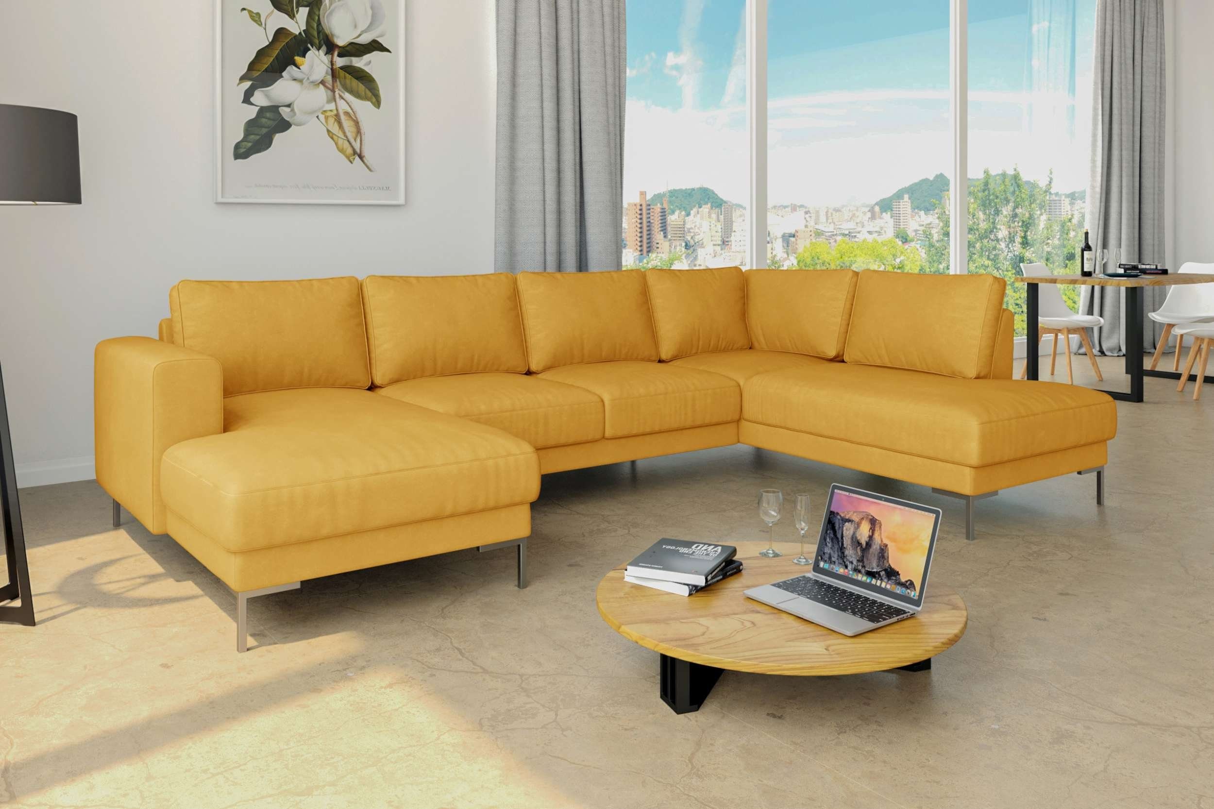 Stylefy Wohnlandschaft Santini, Sofa, U-Form, mane links oder rechts bestellbar, frei im Raum stellbar, Modern Design, mit Wellenfederung, Metall Gelb
