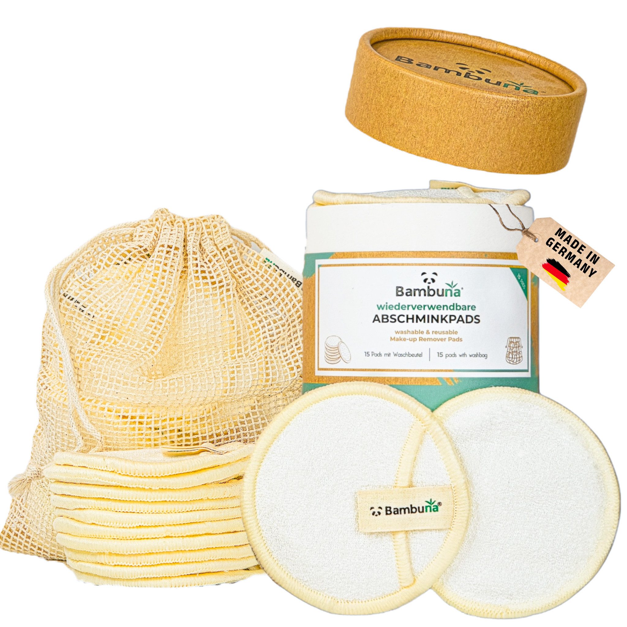 Bambuna Abschminkschwamm Wiederverwendbare Wattepads mit Bambusbox und Waschbeutel, Abschminkpads waschbar - nachhaltige Abschminktücher - Make Up Entferner Pads - weiche Reinigungspads, 15 tlg., Spar Set, Made in Germany