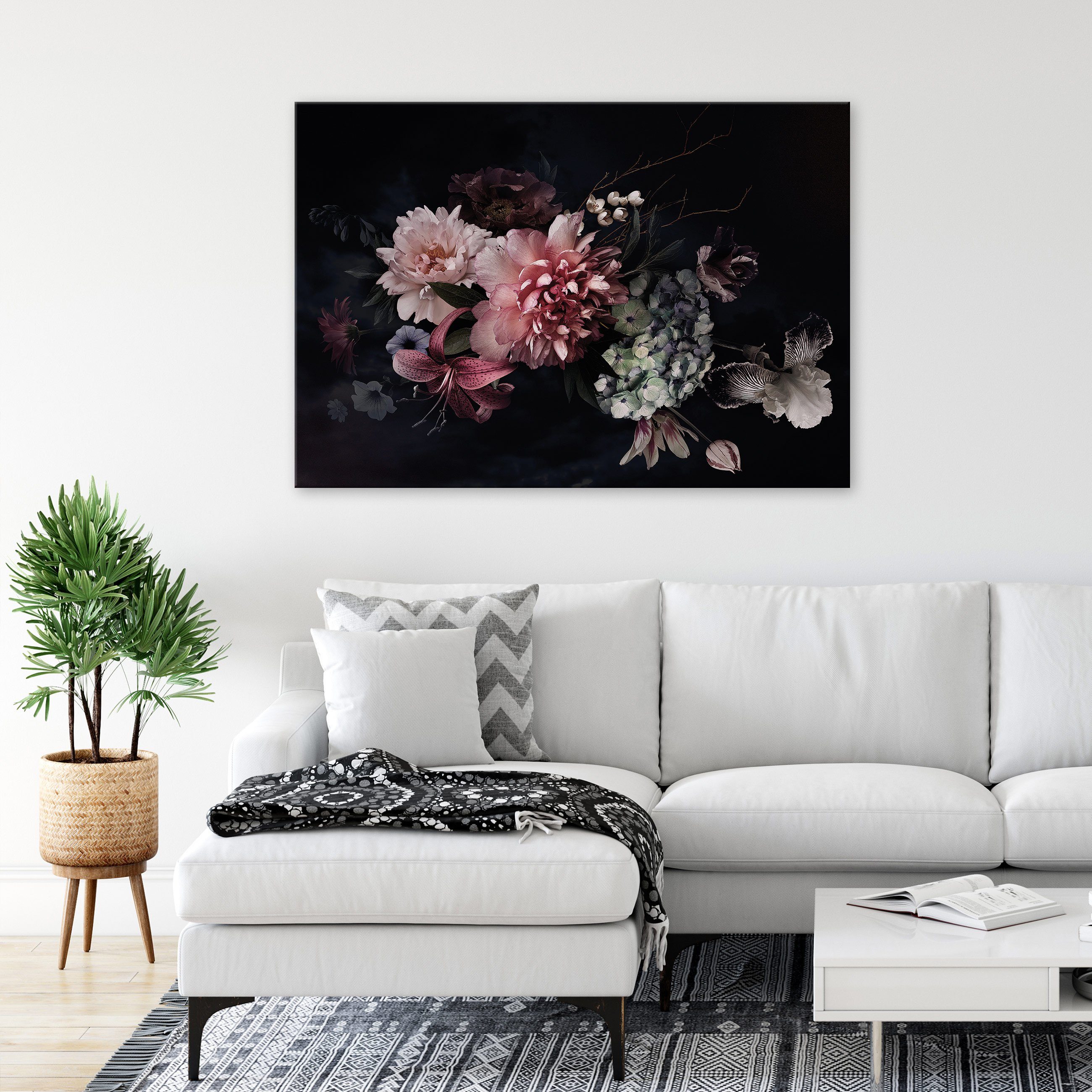 Groß Leinwand Wohnzimmer Canvas Pfingstrosen Aufhängefertig Bild Kunstdruck Schlafzimmer, für Wandbild Rose Blumen (Einteilig), Wandbilder Schwarz Modern Auf Leinwandbilder Leinwandbild Wallarena Bilder Rosa XXL Vintage