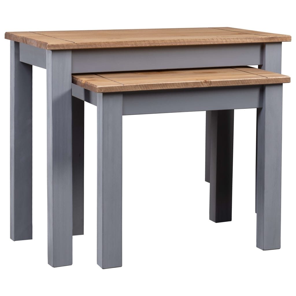 Beistelltisch aus Kiefer-Massivholz in Grau und Natur.