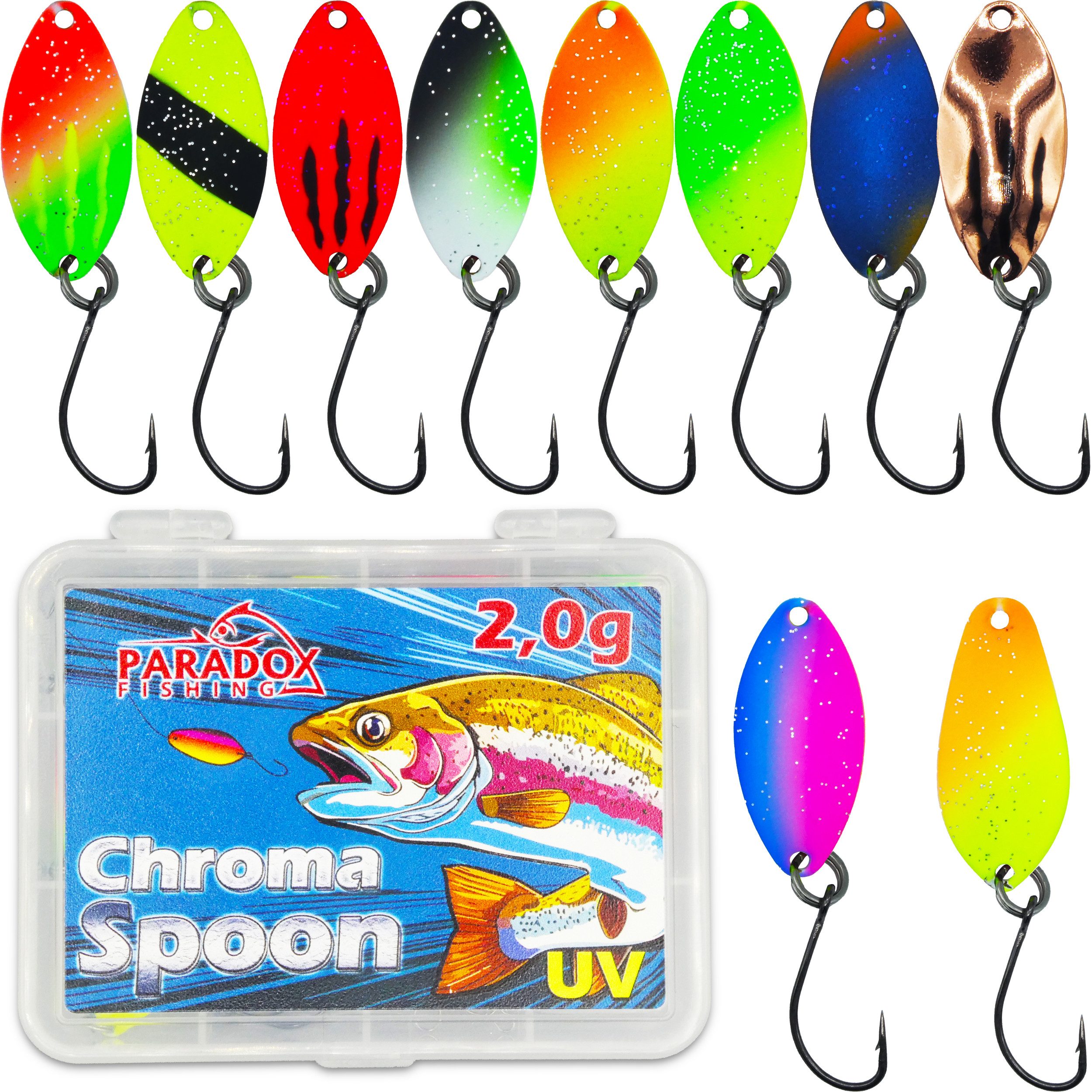 Paradox Fishing Kunstköder Forellen Spoon Sets 2,0g/2,5g/3,0g 10 Stück mit Box, (Forellenköder, Forellenköder), UV-AKTIV, inkl. Snaps