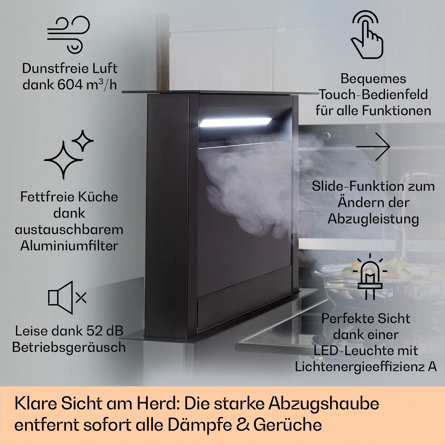 Klarstein Deckenhaube Royal Flush Serie Royal Flush Eco Downdraft Dunstabzugshaube 60 cm 576 m³/h A++ Royal Flush, Abzugshaube Downdraft Abluft Umluft versenkbar mit Edelstahl